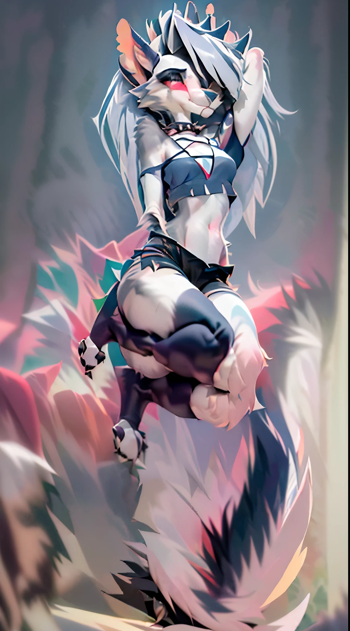 highres, 1girl, (((hair cover one eye, loona shorts, detailed face, spiked collar, pentagram on chest, long legs, bored face, feet, loona tail, room ,indoors, loona gloves, standing and leaning against background))), solo, crop top, medium breasts, full body, tummy, slim waist, big hips, ((((front)))), loona, black thighhighs, furry, fur, anthro, red eyes, paws