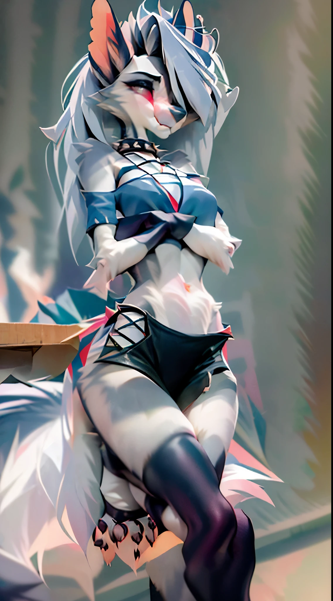 highres, 1girl, (((hair cover one eye, loona shorts, detailed face, spiked collar, pentagram on chest, long legs, bored face, feet, loona tail, room ,indoors, loona gloves, standing and leaning against background))), solo, crop top, medium breasts, full body, tummy, slim waist, big hips, ((((front)))), loona, black thighhighs, furry, fur, anthro, red eyes, paws