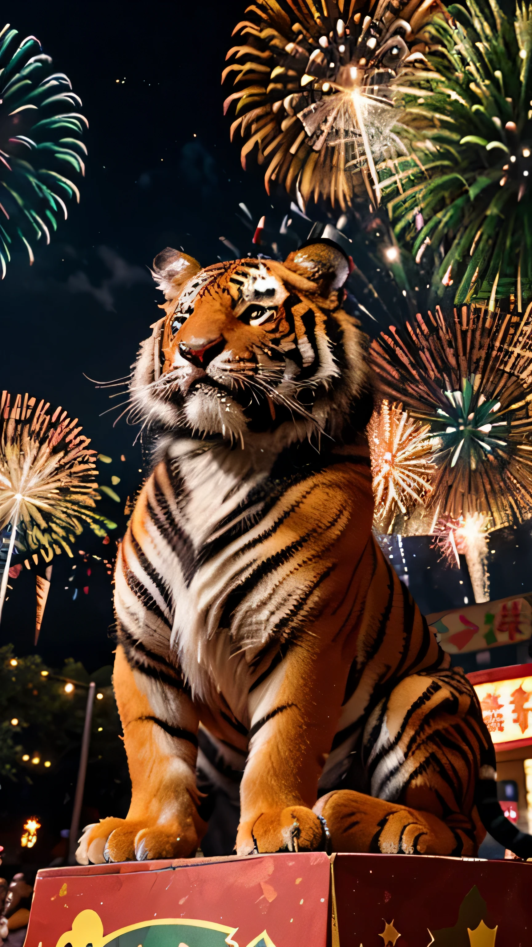 holidays, vibrant colors, joyful atmosphere, fireworks, festive decorations, celebration, energetic, playful, dynamic, lively, cheerful, traditional Chinese elements, auspicious symbols, red and gold tones, glowing lights, flourishing, abundance, prosperitycelebrity. One strong and cute Tiger in the photo