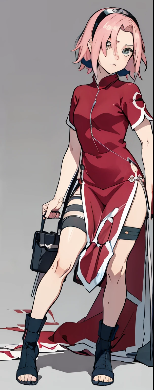 ((Best quality)), ((masterpiece)), ((details)), no background image, The image background is plain white, there is no background, perfect body, perfect face, sakura haruno, standing, looking at viewer, 1girl, solo, short hair, pink hair, green eyes, hands clenched into fists, black gloves, both hands clasped, open clothed, open wear, open the dressed, qipao dress red colour with round white mark in the middle clothes, open dress, seen underwear, black underwear, tight shortpants, transparent shortpant, seen pussy, detail, white thigh tie on right thigh, black high boot, black high knee sock, realistic, ultra high image quality, 8k, 8k wallpaper, 70mm lens camera.