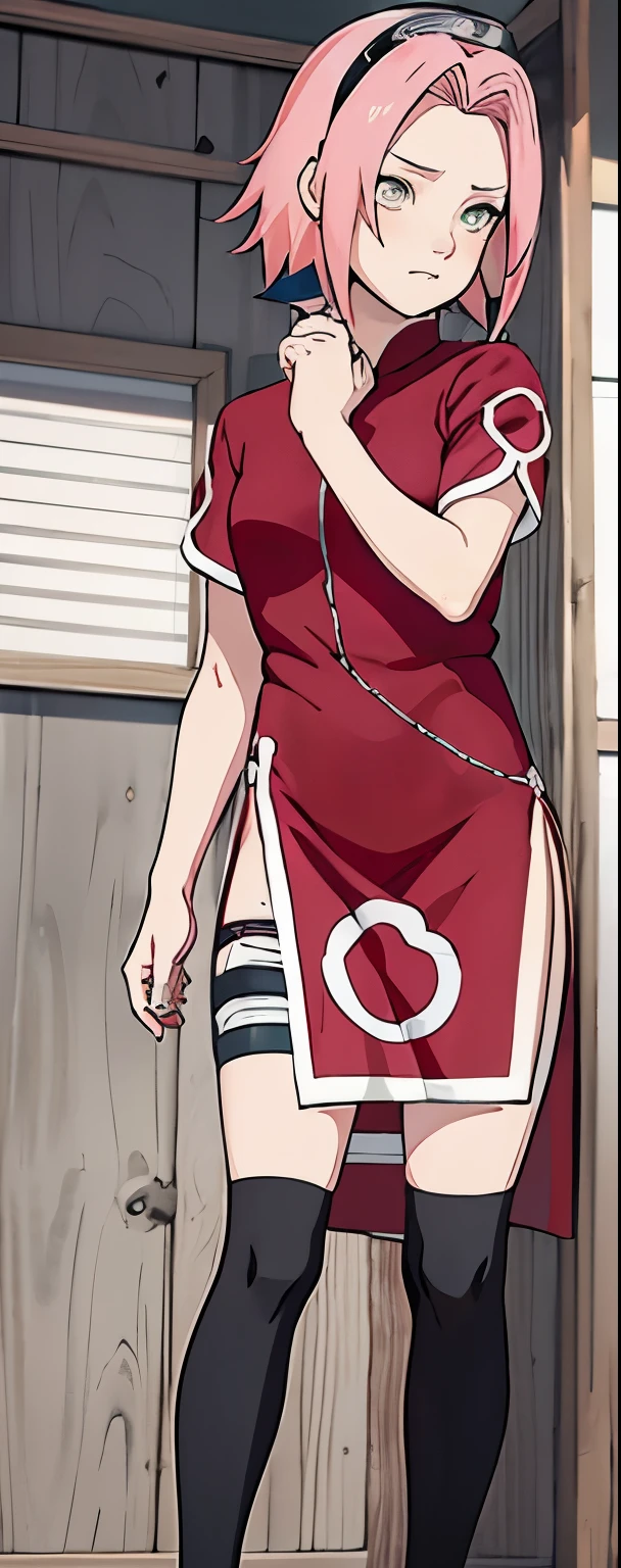 ((Best quality)), ((masterpiece)), ((details)), no background image, The image background is plain white, there is no background, perfect body, perfect face, sakura haruno, standing, looking at viewer, 1girl, solo, short hair, pink hair, green eyes, hands clenched into fists, black gloves, both hands clasped, open clothed, open wear, open the dressed, qipao dress red colour with round white mark in the middle clothes, open dress, seen underwear, black underwear, tight shortpants, transparent shortpant, seen pussy, detail, white thigh tie on right thigh, black high boot, black high knee sock, realistic, ultra high image quality, 8k, 8k wallpaper, 70mm lens camera.