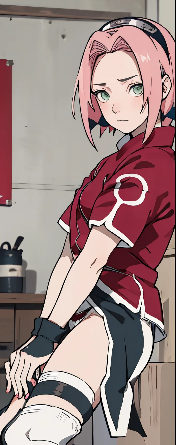 ((Best quality)), ((masterpiece)), ((details)), no background image, The image background is plain white, there is no background, perfect body, perfect face, sakura haruno, standing, looking at viewer, 1girl, solo, short hair, pink hair, green eyes, hands clenched into fists, black gloves, both hands clasped, open clothed, open wear, open the dressed, qipao dress red colour with round white mark in the middle clothes, open dress, seen underwear, black underwear, tight shortpants, transparent shortpant, seen pussy, detail, white thigh tie on right thigh, black high boot, black high knee sock, realistic, ultra high image quality, 8k, 8k wallpaper, 70mm lens camera.