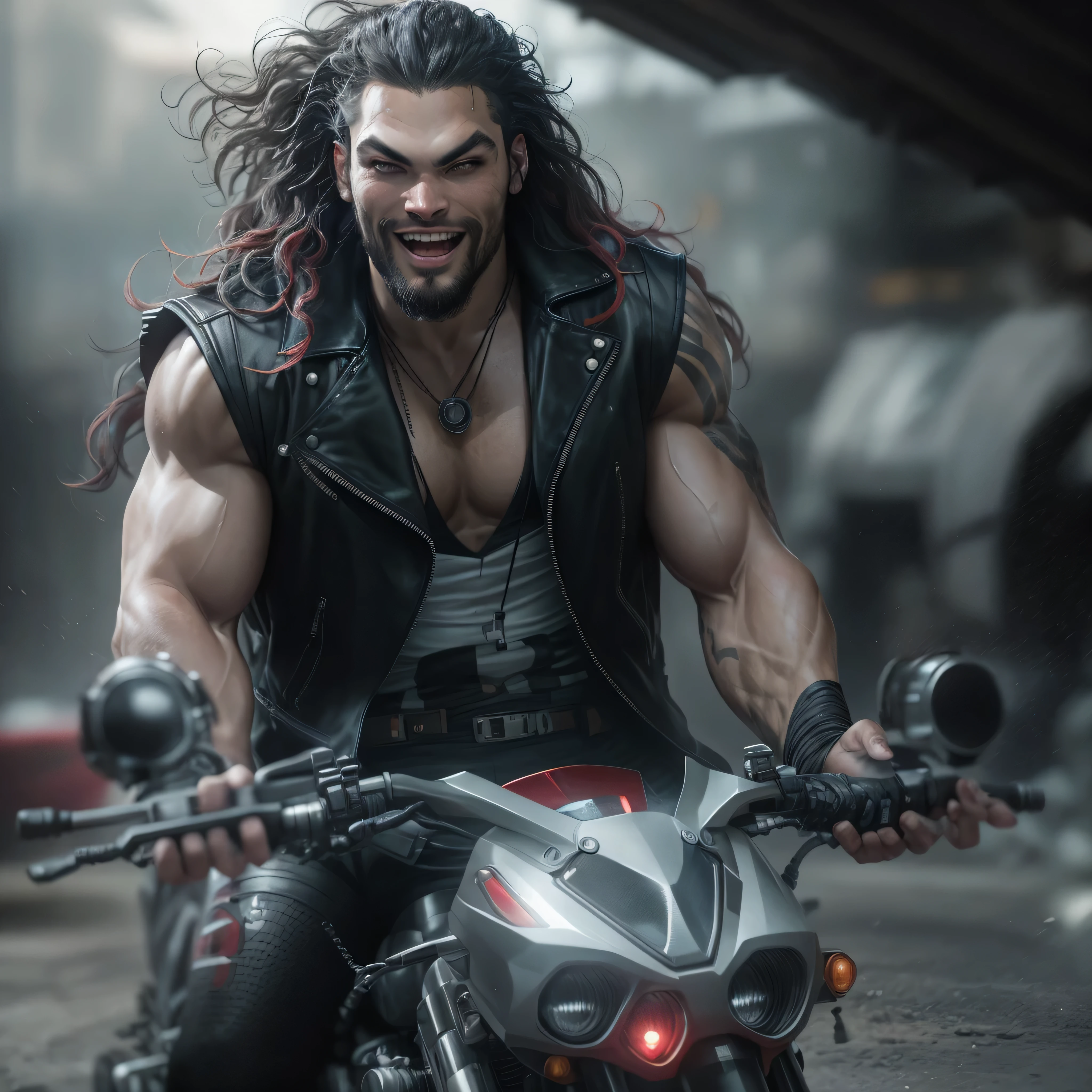Full body image, a photo of Jason Momoa as Lobo from DC comics, grinning, muscular, ((((ghostly super pale skin)))), (((red eyes))), sleeveless black biker vest, riding star wars hoverbike, Intricate, High Detail, Sharp focus, dramatic, photorealistic digital art, photo-realistic, octane render, unreal engine, ultra-realistic