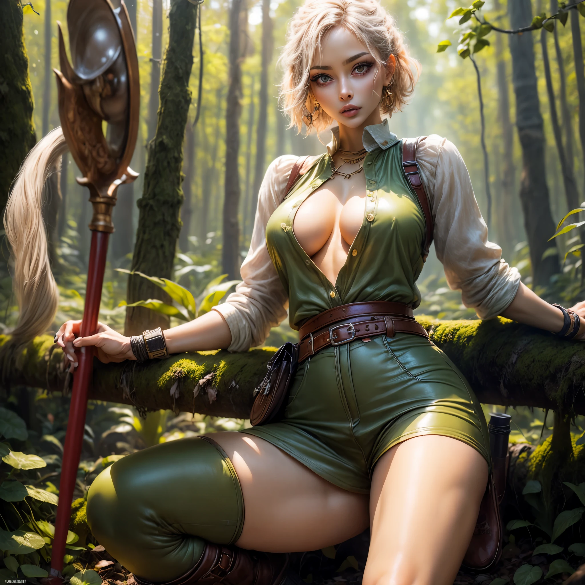 (best quality,4k,8k,highres,masterpiece:1.2),ultra-detailed, female ranger, short blond hair, spear, white shirt, green leather vest, green trousers, brown boots, A-cup, in the woods, AIKA, seethru, HDR, 8k, absurdres, cinestill 800, sharp focus, add_detail:2, (solo, woman)