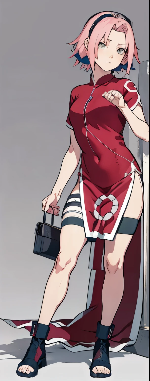 ((Best quality)), ((masterpiece)), ((details)), no background image, The image background is plain white, there is no background, perfect body, perfect face, sakura haruno, standing, looking at viewer, 1girl, solo, short hair, pink hair, green eyes, hands clenched into fists, black gloves, both hands clasped, open clothed, open wear, open the dressed, qipao dress red colour with round white mark in the middle clothes, open dress, seen underwear, black underwear, tight shortpants, transparent shortpant, seen pussy, detail, white thigh tie on right thigh, black high boot, black high knee sock, realistic, ultra high image quality, 8k, 8k wallpaper, 70mm lens camera.