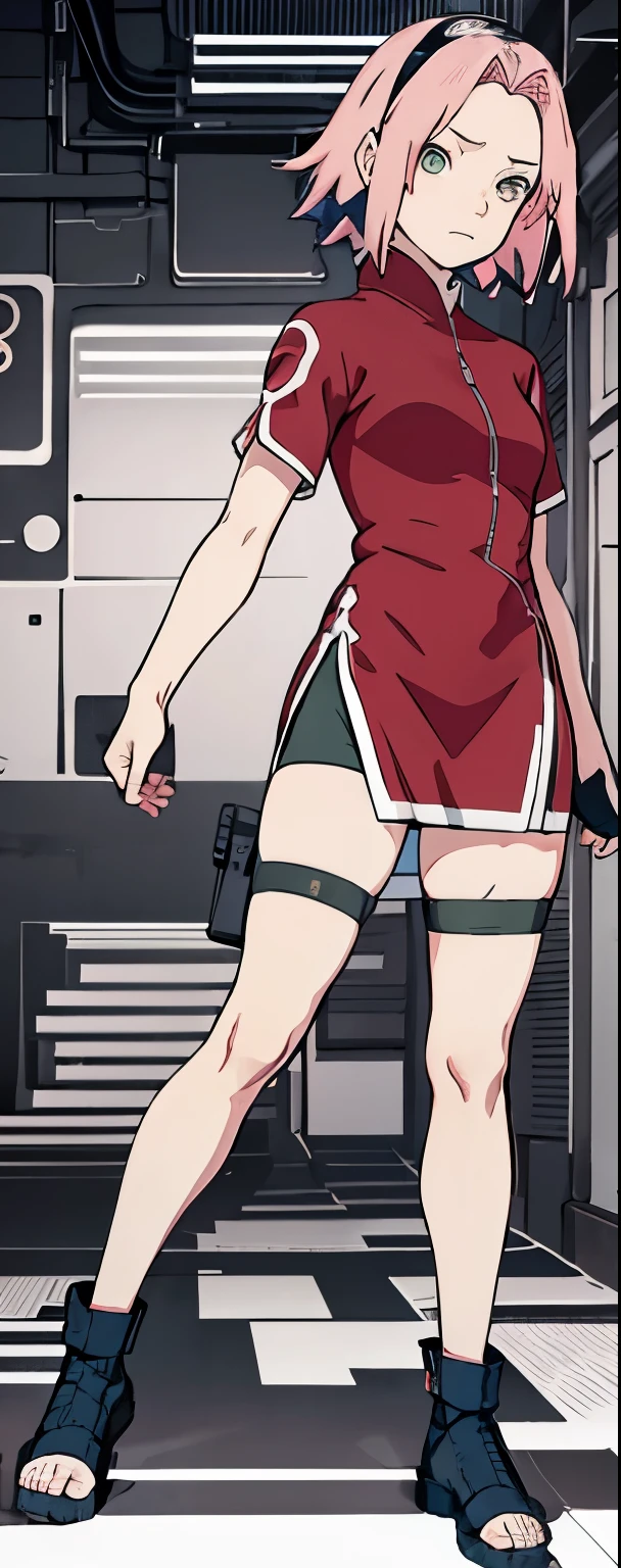 ((Best quality)), ((masterpiece)), ((details)), no background image, The image background is plain white, there is no background, perfect body, perfect face, sakura haruno, standing, looking at viewer, 1girl, solo, short hair, pink hair, green eyes, hands clenched into fists, black gloves, both hands clasped, open clothed, open wear, open the dressed, qipao dress red colour with round white mark in the middle clothes, open dress, seen underwear, black underwear, tight shortpants, transparent shortpant, seen pussy, detail, white thigh tie on right thigh, black high boot, black high knee sock, realistic, ultra high image quality, 8k, 8k wallpaper, 70mm lens camera.