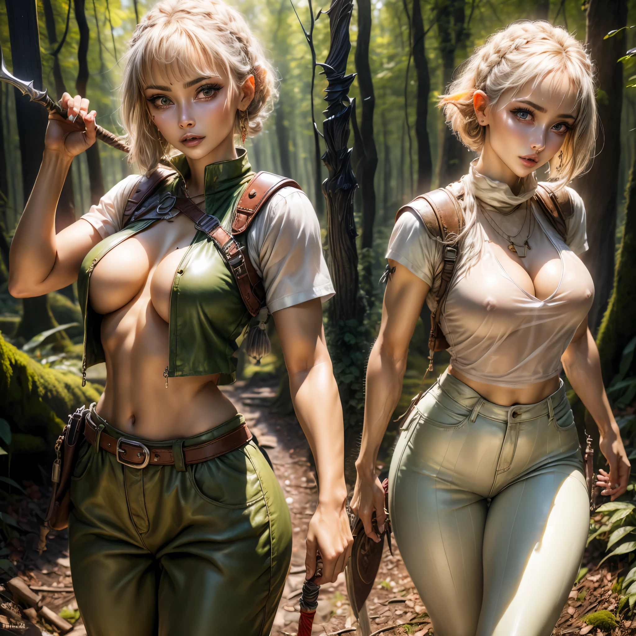 (best quality,4k,8k,highres,masterpiece:1.2),ultra-detailed, female ranger, short blond hair, spear, white shirt, green leather vest, green trousers, brown boots, A-cup, in the woods, AIKA, seethru, HDR, 8k, absurdres, cinestill 800, sharp focus, add_detail:2, (solo, woman)