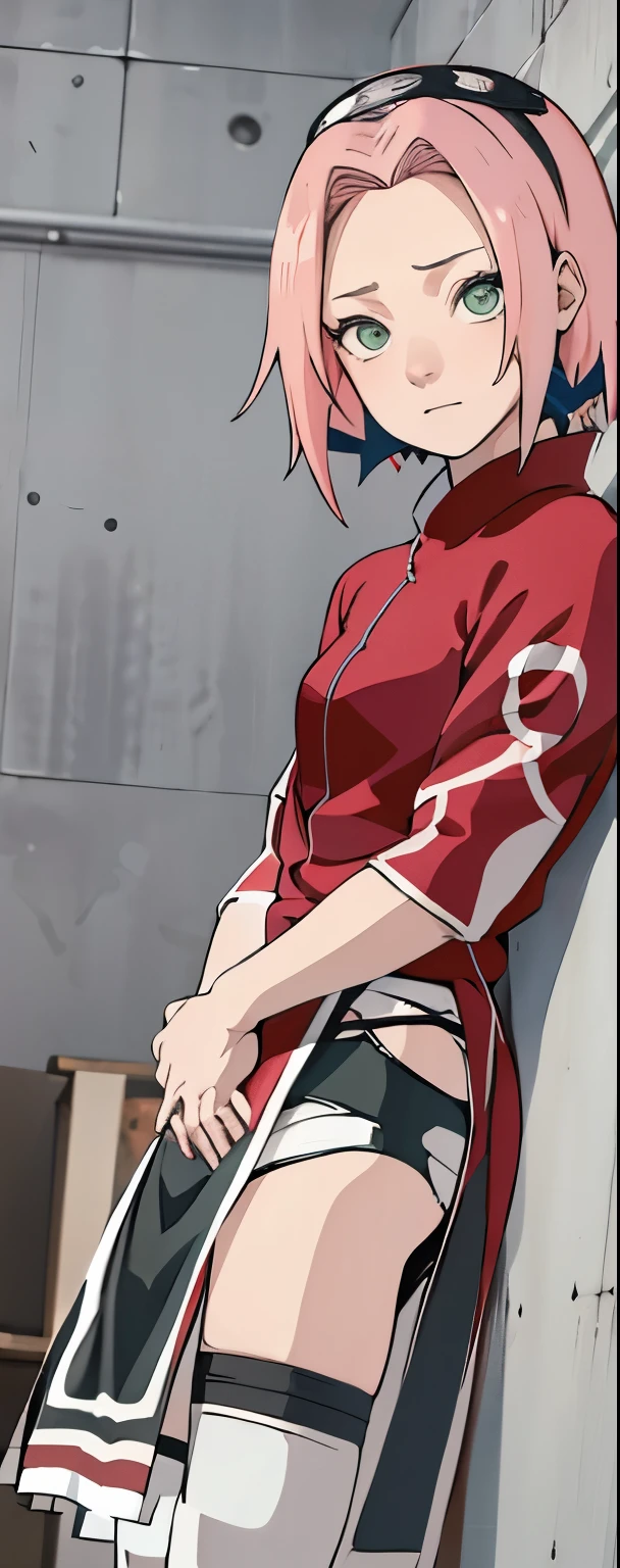 ((Best quality)), ((masterpiece)), ((details)), no background image, The image background is plain white, there is no background, perfect body, perfect face, sakura haruno, standing, looking at viewer, 1girl, solo, short hair, pink hair, green eyes, hands clenched into fists, black gloves, both hands clasped, open clothed, open wear, open the dressed, qipao dress red colour with round white mark in the middle clothes, open dress, seen underwear, black underwear, tight shortpants, transparent shortpant, seen pussy, detail, white thigh tie on right thigh, black high boot, black high knee sock, realistic, ultra high image quality, 8k, 8k wallpaper, 70mm lens camera.