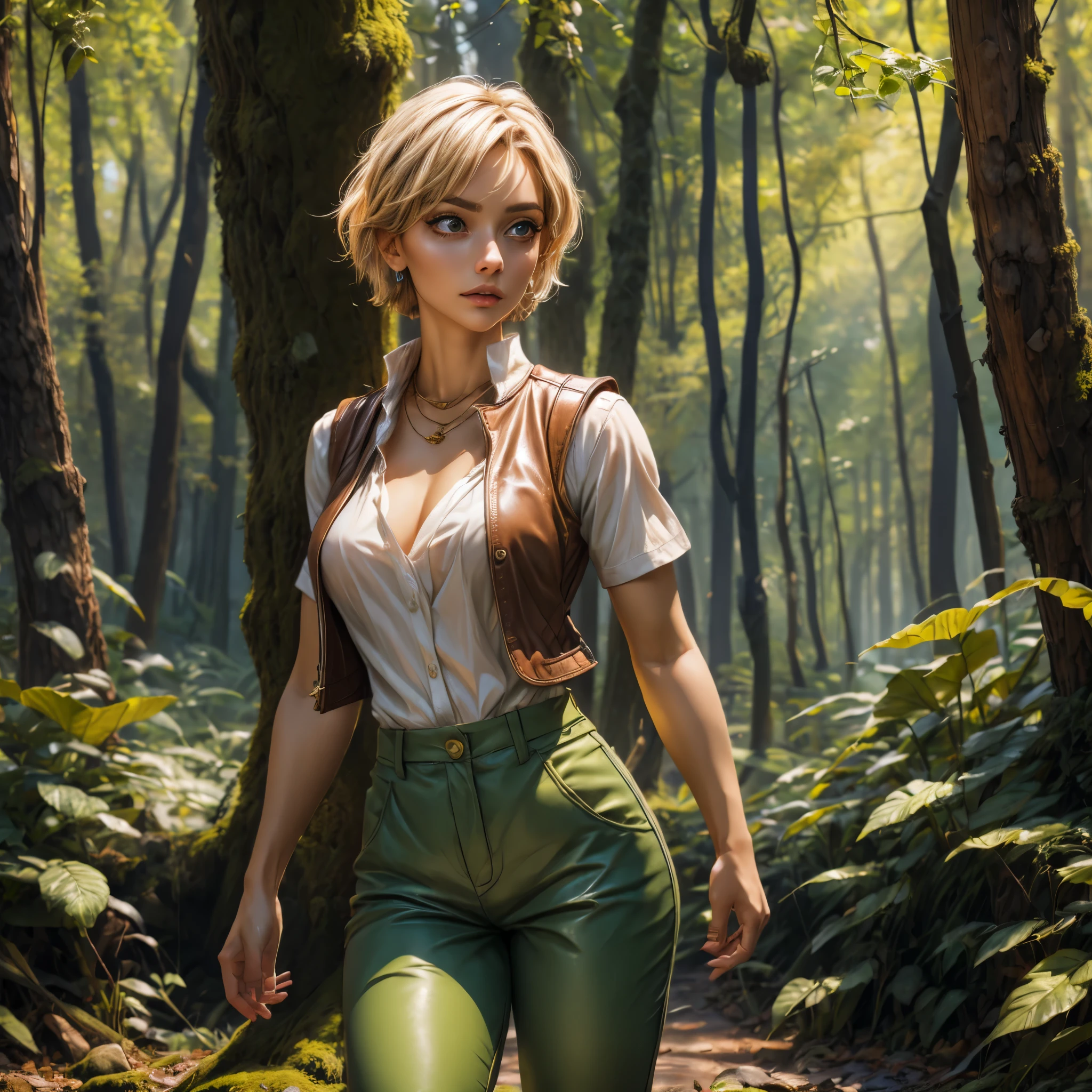 (best quality,4k,8k,highres,masterpiece:1.2),ultra-detailed, female ranger, short blond hair, spear, white shirt, green leather vest, green trousers, brown boots, A-cup, in the woods, AIKA, seethru, HDR, 8k, absurdres, cinestill 800, sharp focus, add_detail:2, (solo, woman)