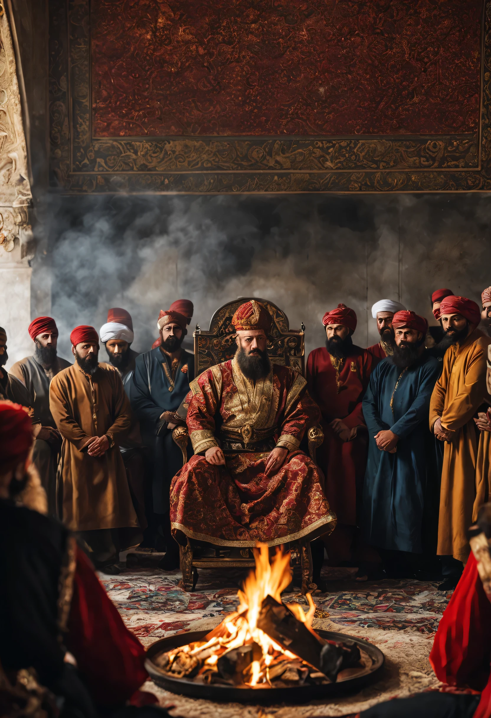 Sultan mehmet the conquerer gathers the members of the Hurufi sect in front of him, around a fire he is looking at them with stern eyes, let's make sure that Sultan Mehmet the Conqueror wears the sultan's clothes of his time and looks like an emperor and a hero, dark themed