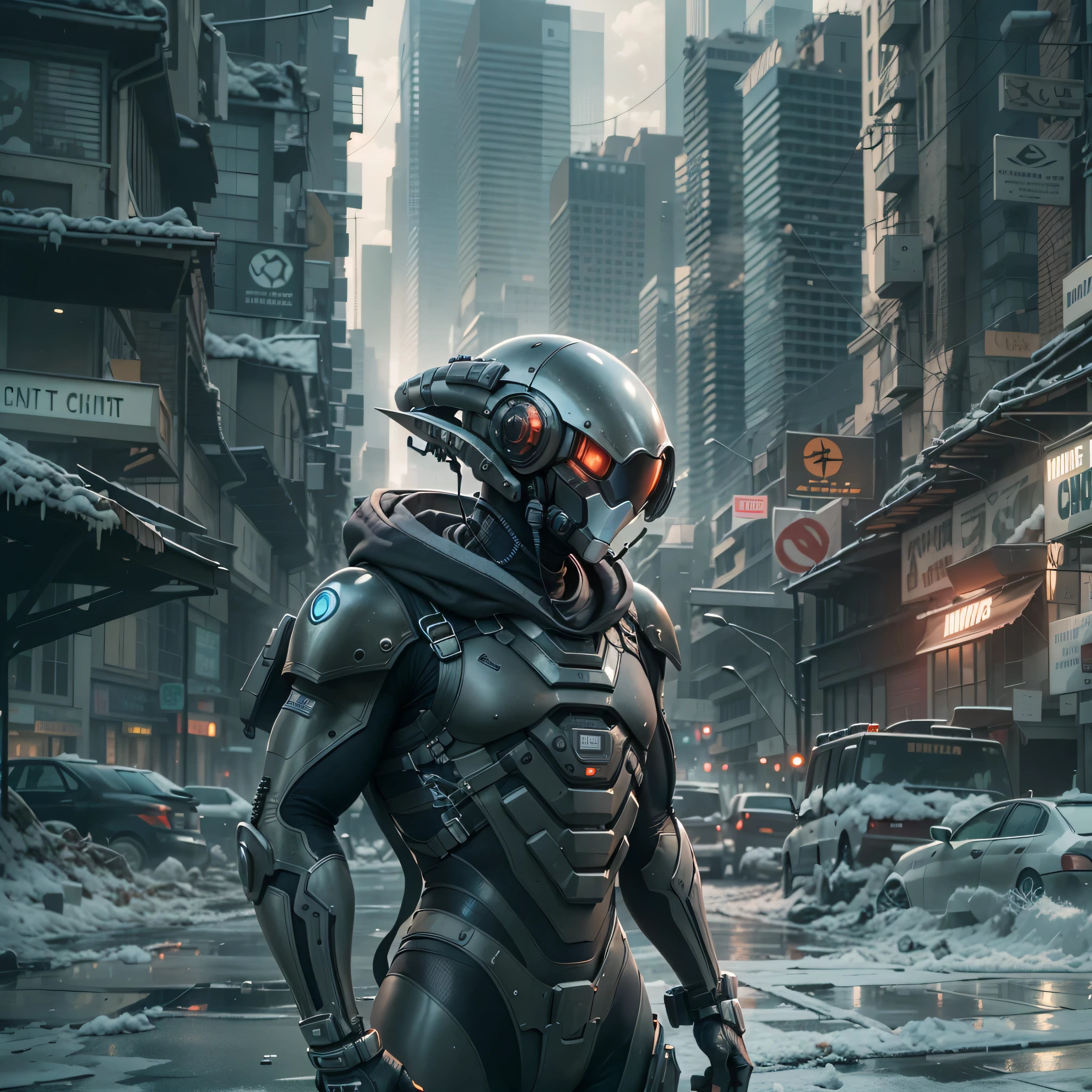 A highly technological and advanced alien soldier in an apocalyptic city