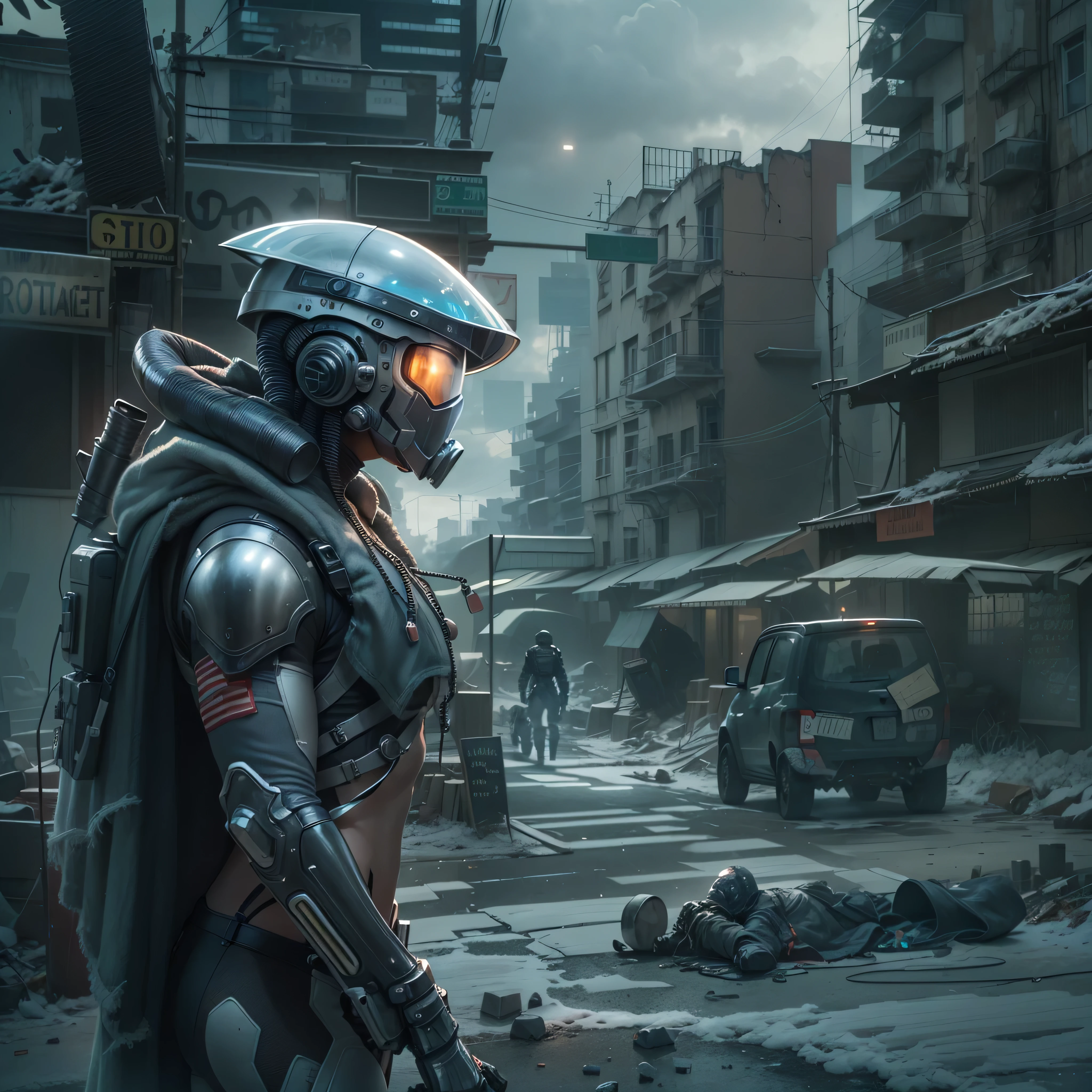 A highly technological and advanced alien soldier in an apocalyptic city