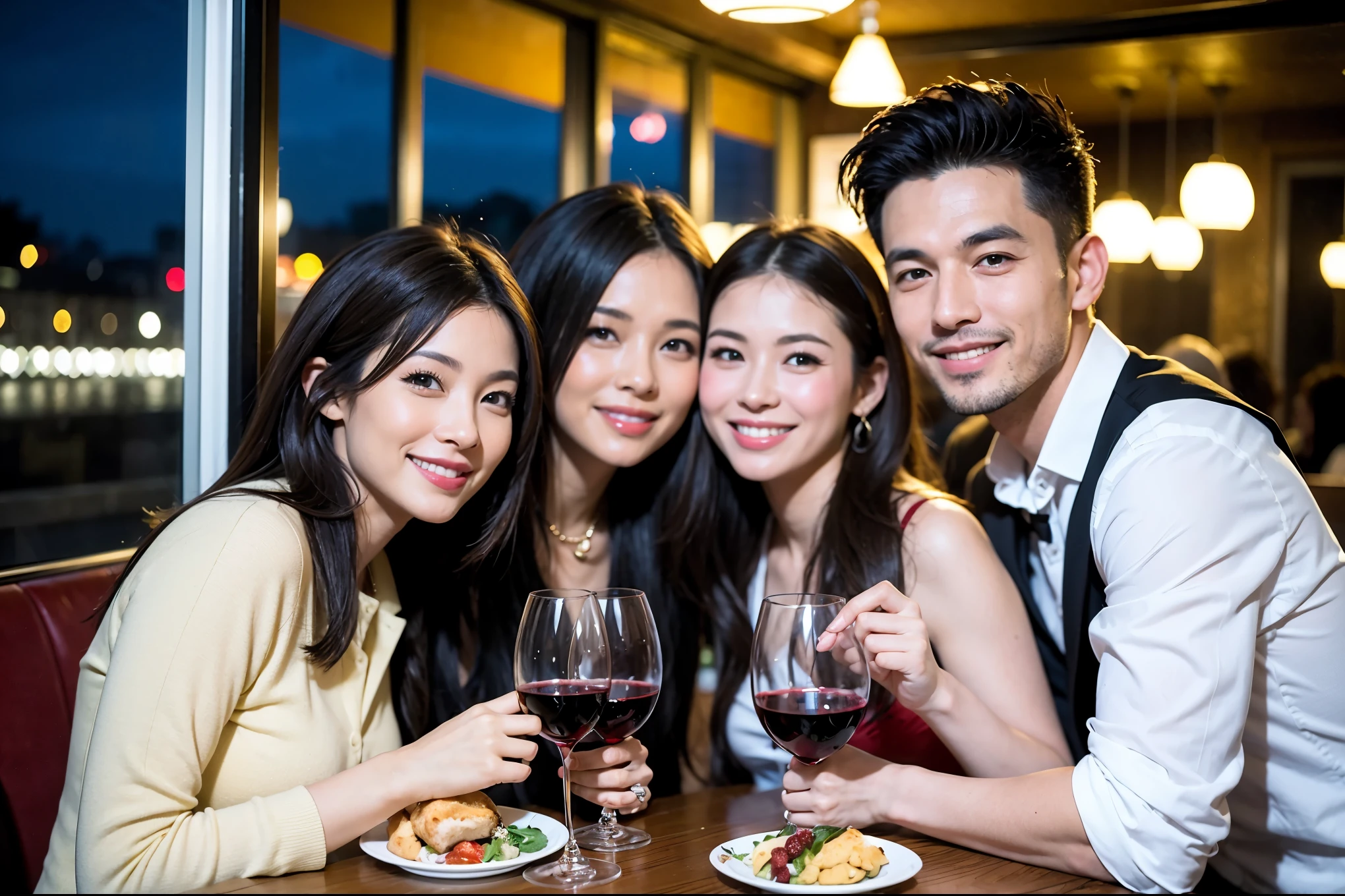 64k, UHD, highest quality, masterpiece: 1.2), (realistic, photorealistic: 1.37),やわらかなsmile、kind expression、 Super detailed, celebration party、beauty、Charm、beautiful mature woman、3 women who love wine、three men、champagne、Sparkling wine、winter night、restaurantでワイン宴会、(slimな男女4名),(Wine party for 5 people)、(slimフェイス),Happy、 最高なsmile、Fox Face、Berry Short、(because I'thin), (brown hair), (shortcut), long sleeve shirt、winter fashion、Colombia、Brazilian、Japanese、Dutch、German、Portuguese、Belgian、Italian、french, (gushing), (slimボティ), (brown hair), (shortcut), 端正なbeauty、cheeks blush a little, (41 years old), 38 years old, 35 years old、32 years old、 A beautiful and detailed night view spreads out outside the window........, restaurant, wine glassが座っている, At night, in a prominent place (from the Upper body) nova frog style, actress, model, Upper body, White wine, slim, wine glass, very beautiful night view, wine glass Put in the Middle, Happy smile, (smile: 1.15),