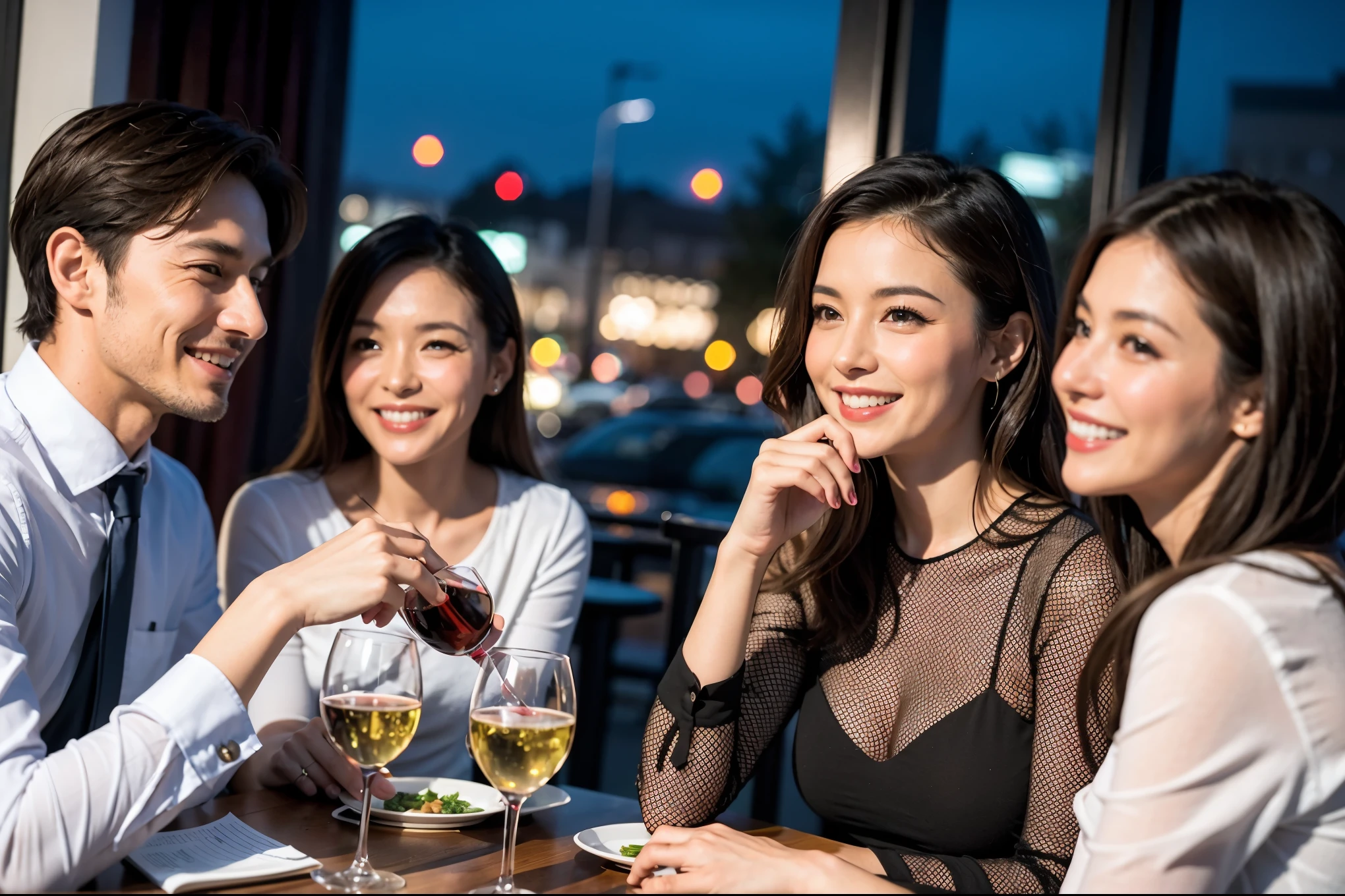64k, UHD, highest quality, masterpiece: 1.2), (realistic, photorealistic: 1.37),やわらかなsmile、kind expression、 Super detailed, celebration party、beauty、Charm、beautiful mature woman、3 women who love wine、three men、champagne、Sparkling wine、winter night、restaurantでワイン宴会、(slimな男女4名),(Wine party for 5 people)、(slimフェイス),Happy、 最高なsmile、Fox Face、Berry Short、(because I'thin), (brown hair), (shortcut), long sleeve shirt、winter fashion、Colombia、Brazilian、Japanese、Dutch、German、Portuguese、Belgian、Italian、french, (gushing), (slimボティ), (brown hair), (shortcut), 端正なbeauty、cheeks blush a little, (41 years old), 38 years old, 35 years old、32 years old、 A beautiful and detailed night view spreads out outside the window........, restaurant, wine glassが座っている, At night, in a prominent place (from the Upper body) nova frog style, actress, model, Upper body, White wine, slim, wine glass, very beautiful night view, wine glass Put in the Middle, Happy smile, (smile: 1.15),