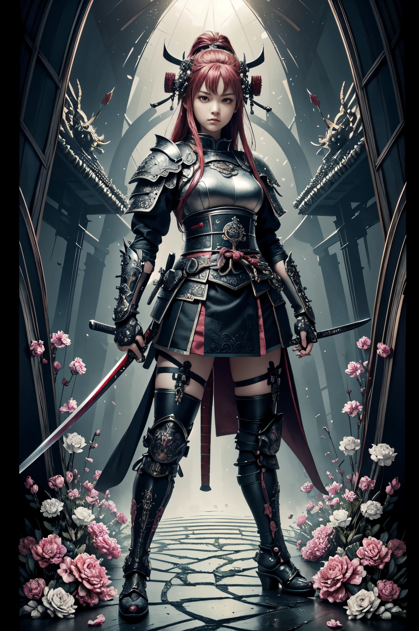 stunningly detailed absurdly adorable cyber fairy grunge style illustration, , full body shot, tightly grip a katana, open stance, cool eyes, glow sharp eyes, gray and red hair, classical samurai armor and gauntlet, samurai helm, hauntingly beautiful flower garden background, beautiful detail glow, (every detail captured texture:1.1), extremely insane detail, exquisite detail, insane details, divine possession water coloring, extremely elaborate detail, amazing background detail, intricate surface detail, (impeccable quality:1.1), highest quality, highly quality, best quality, hyper realistic, (style of silkscreen:1.2),