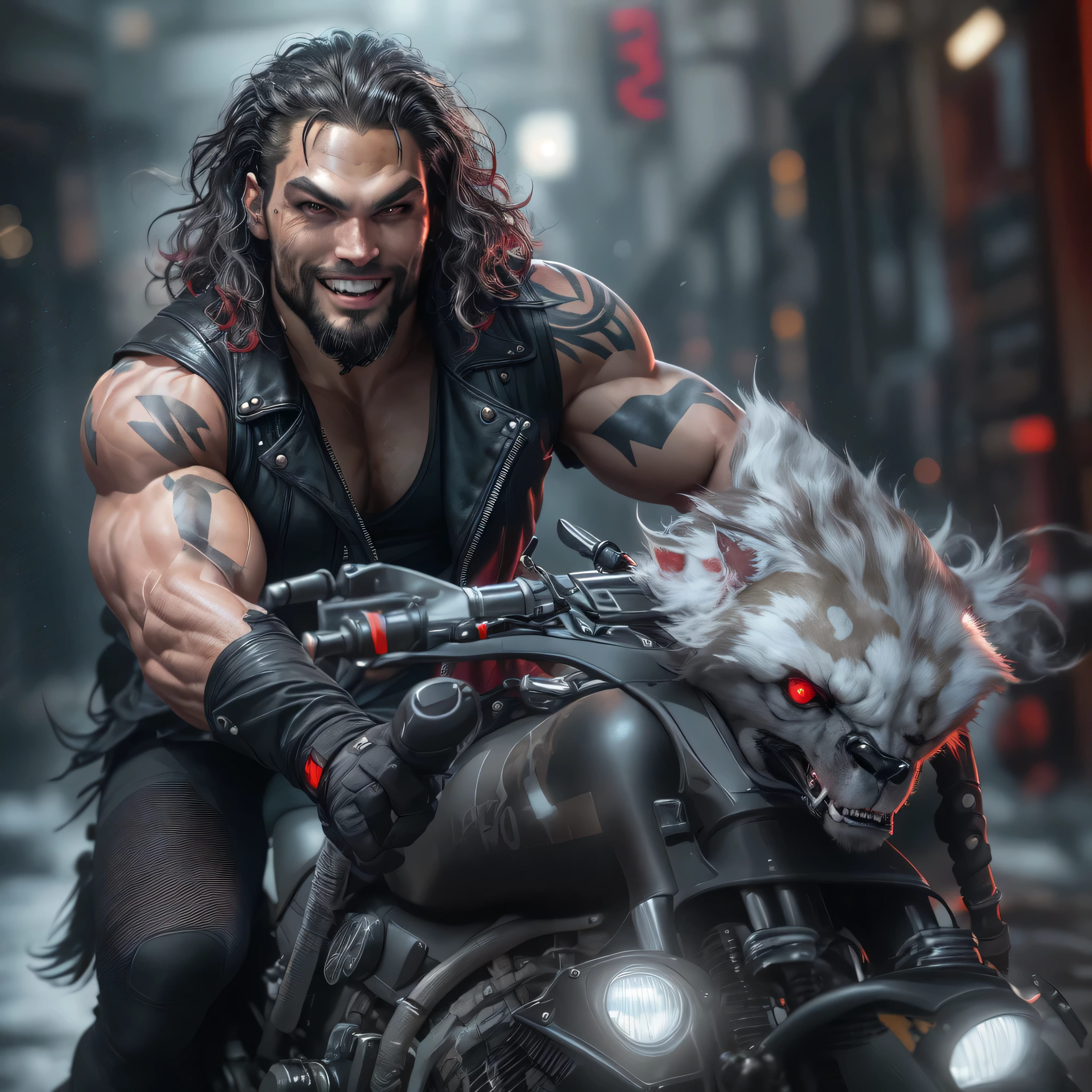 Full body image, a photo of Jason Momoa as Lobo from DC comics, Evil grin, muscular, ((((ghostly super pale skin)))), (((red eyes))), sleeveless black biker vest, riding star wars hoverbike, Intricate, High Detail, Sharp focus, dramatic, photorealistic digital art, photo-realistic, octane render, unreal engine, ultra-realistic