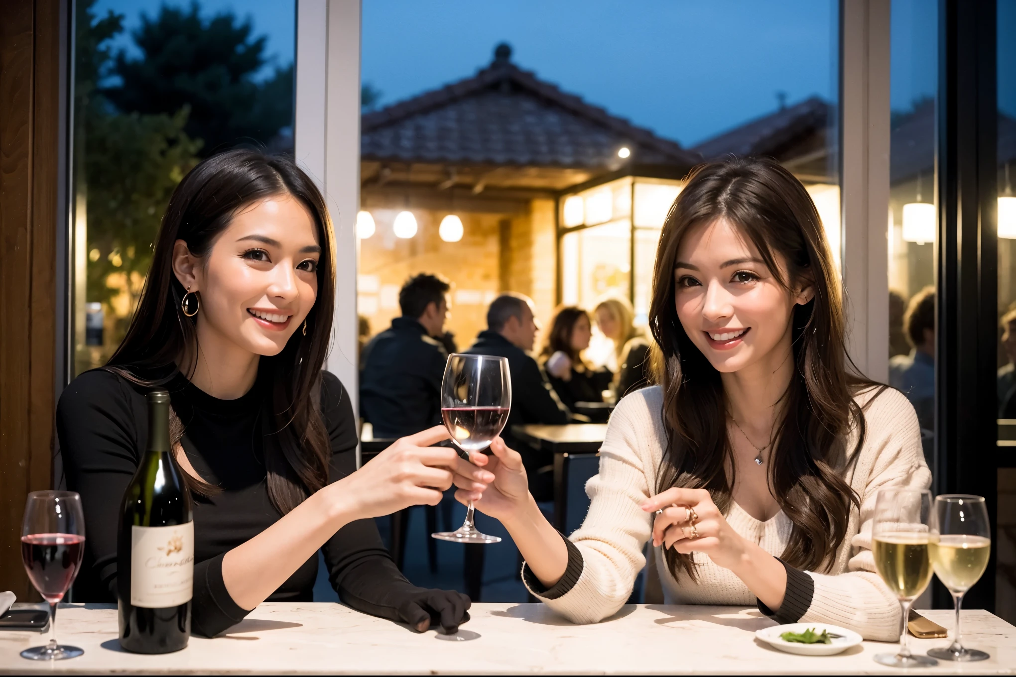 64k, UHD, highest quality, masterpiece: 1.2), (realistic, photorealistic: 1.37),やわらかなsmile、kind expression、 Super detailed, celebration party、beauty、Charm、beautiful mature woman、3 women who love wine、three men、champagne、Sparkling wine、winter night、restaurantでワイン宴会、(slimな男女4名),(Wine party for 5 people)、(slimフェイス),Happy、 最高なsmile、Fox Face、Berry Short、(because I&#39;thin), (brown hair), (shortcut), long sleeve shirt、winter fashion、Colombia、Brazilian、Japanese、Dutch、German、Portuguese、Belgian、Italian、french, (gushing), (slimボティ), (brown hair), (shortcut), 端正なbeauty、cheeks blush a little, (41 years old), 38 years old, 35 years old、32 years old、 A beautiful and detailed night view spreads out outside the window........, restaurant, wine glassが座っている, At night, in a prominent place (from the Upper body) nova frog style, actress, model, Upper body, White wine, slim, wine glass, very beautiful night view, wine glass Put in the Middle, Happy smile, (smile: 1.15), 