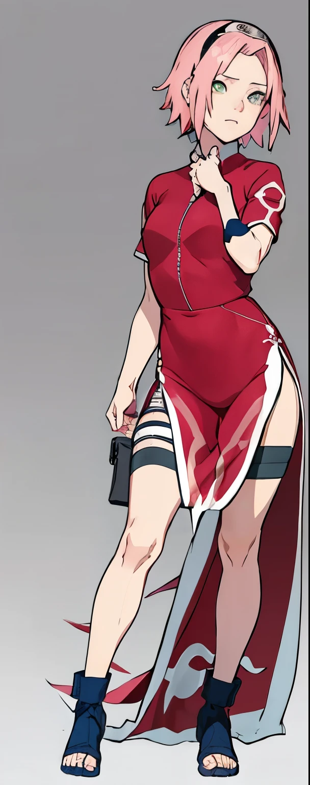 ((Best quality)), ((masterpiece)), ((details)), no background image, The image background is plain white, there is no background, perfect body, perfect face, sakura haruno, standing, looking at viewer, 1girl, solo, short hair, pink hair, green eyes, hands clenched into fists, black gloves, both hands clasped, open clothed, open wear, open the dressed, qipao dress red colour with round white mark in the middle clothes, open dress, seen underwear, black underwear, tight shortpants, transparent shortpant, seen pussy, detail, white thigh tie on right thigh, black high boot, black high knee sock, realistic, ultra high image quality, 8k, 8k wallpaper, 70mm lens camera.