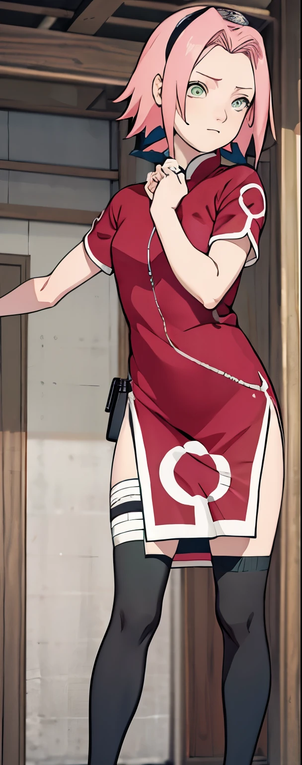 ((Best quality)), ((masterpiece)), ((details)), no background image, The image background is plain white, there is no background, perfect body, perfect face, sakura haruno, standing, looking at viewer, 1girl, solo, short hair, pink hair, green eyes, hands clenched into fists, black gloves, both hands clasped, open clothed, open wear, open the dressed, qipao dress red colour with round white mark in the middle clothes, open dress, seen underwear, black underwear, tight shortpants, transparent shortpant, seen pussy, detail, white thigh tie on right thigh, black high boot, black high knee sock, realistic, ultra high image quality, 8k, 8k wallpaper, 70mm lens camera.