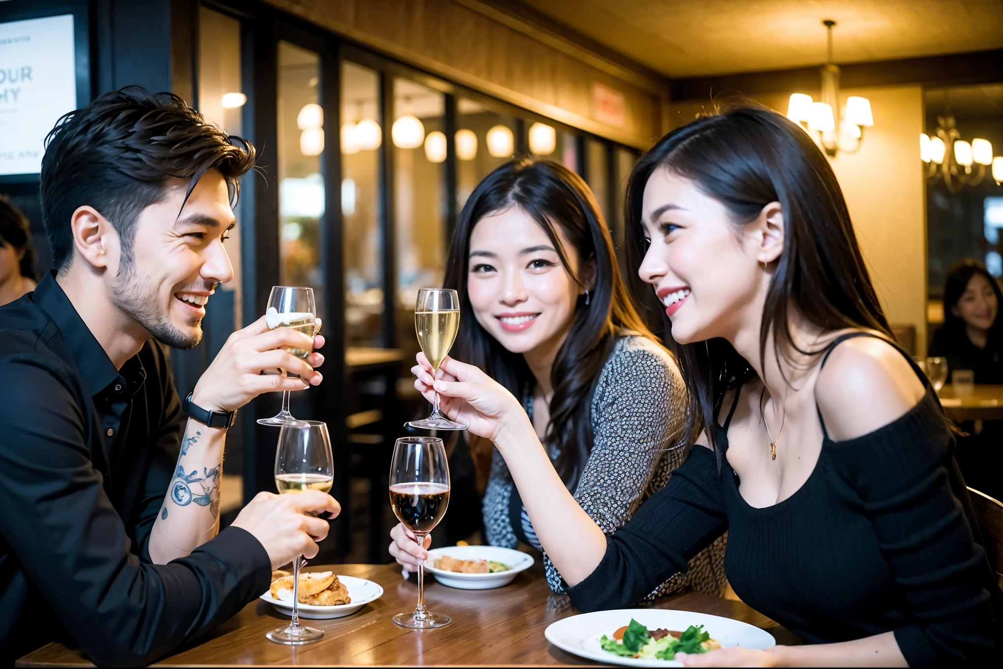 64k, UHD, highest quality, masterpiece: 1.2), (realistic, photorealistic: 1.37),やわらかなsmile、kind expression、 Super detailed, celebration party、beauty、Charm、beautiful mature woman、3 women who love wine、three men、champagne、Sparkling wine、winter night、restaurantでワイン宴会、(slimな男女4名),(Wine party for 5 people)、(slimフェイス),Happy、 最高なsmile、Fox Face、Berry Short、(because I'thin), (brown hair), (shortcut), long sleeve shirt、winter fashion、Colombia、Brazilian、Japanese、Dutch、German、Portuguese、Belgian、Italian、french, (gushing), (slimボティ), (brown hair), (shortcut), 端正なbeauty、cheeks blush a little, (41 years old), 38 years old, 35 years old、32 years old、 A beautiful and detailed night view spreads out outside the window........, restaurant, wine glassが座っている, At night, in a prominent place (from the Upper body) nova frog style, actress, model, Upper body, White wine, slim, wine glass, very beautiful night view, wine glass Put in the Middle, Happy smile, (smile: 1.15),
