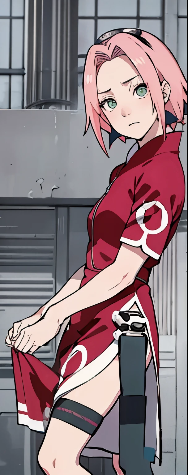 ((Best quality)), ((masterpiece)), ((details)), no background image, The image background is plain white, there is no background, perfect body, perfect face, sakura haruno, standing, looking at viewer, 1girl, solo, short hair, pink hair, green eyes, hands clenched into fists, black gloves, both hands clasped, open clothed, open wear, open the dressed, qipao dress red colour with round white mark in the middle clothes, open dress, seen underwear, black underwear, tight shortpants, transparent shortpant, seen pussy, detail, white thigh tie on right thigh, black high boot, black high knee sock, realistic, ultra high image quality, 8k, 8k wallpaper, 70mm lens camera.