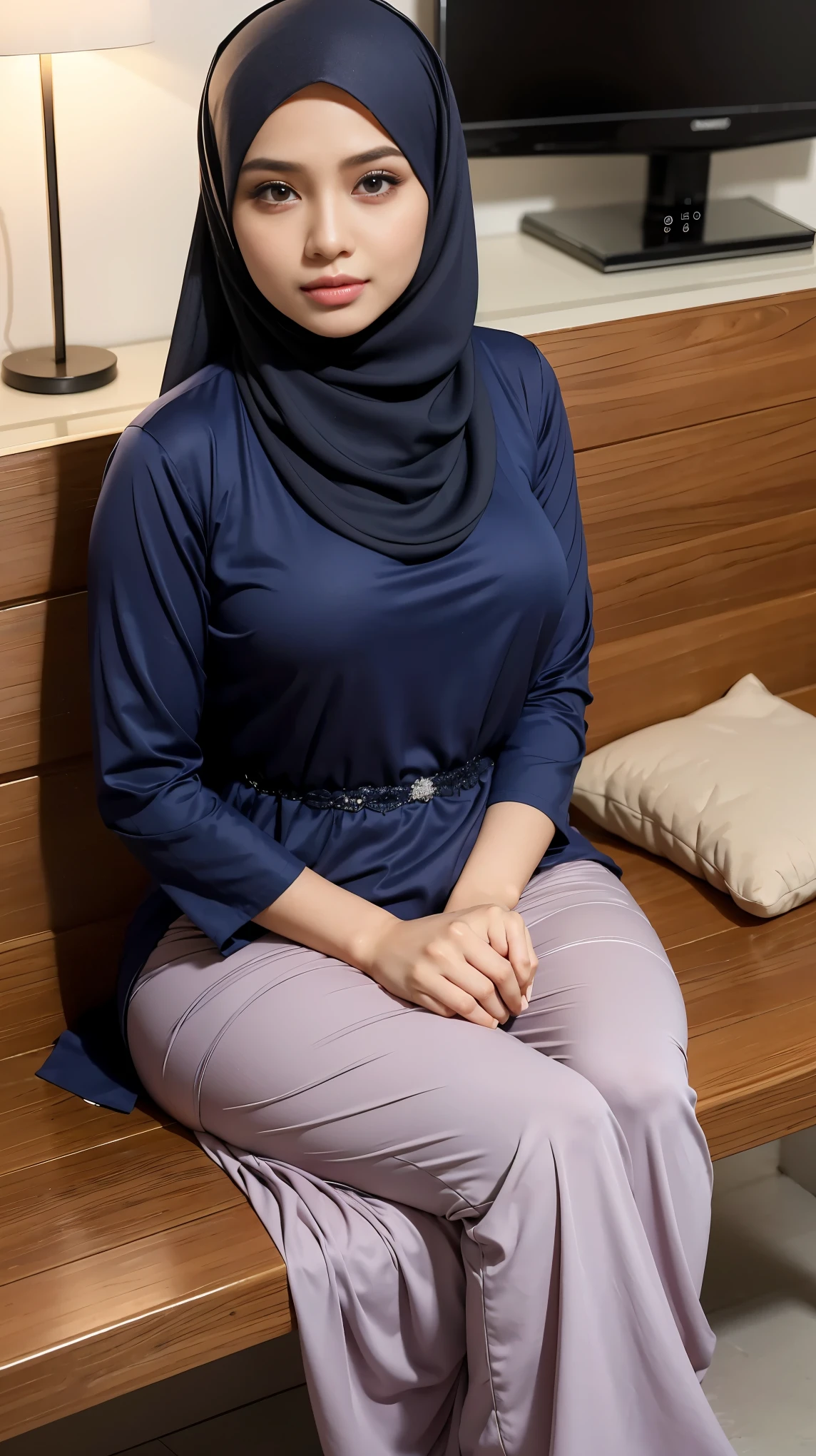(Close Up),RAW, Best quality, high resolution, masterpiece: 1.3), beautiful Malay woman in hijab,Masterpiece, perfect slim fit body,small breast, big gorgeous eyes, Soft smile,beautiful face,thick thighs, woman sitting on a bench in front of a tv, wearing baju kurung,malaysian, hijab, 30 years old woman, 3 0 years old woman, lovely woman, 2 7 years old, 2 8 years old, 2 2 years old beautiful girl, 2 9 years old, leaked image, 1 8 yo , very attractive and beautiful, Excellent lighting, Bright colors, Clean lines