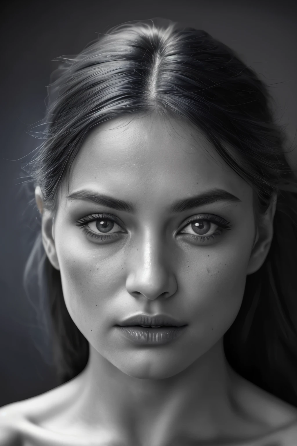 Woman's face (dark blue hue, crystal-defined features), realistic outline against a vacuum gray background. Cinematic 4k image, black and white filter applied, ultra-realistic tones, HDR colors, sharp details that pop, capturing the intricacies of every crease and curve. A striking, monochrome portrait that exudes depth and intensity.