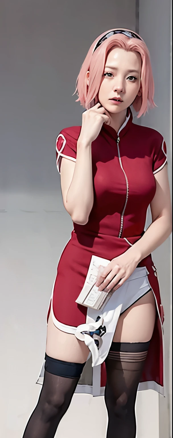 ((Best quality)), ((masterpiece)), ((details)), no background image, The image background is plain white, there is no background, perfect body, perfect face, sakura haruno, standing, looking at viewer, 1girl, solo, short hair, pink hair, green eyes, hands clenched into fists, black gloves, both hands clasped, open clothed, open wear, open the dressed, qipao dress red colour with round white mark in the middle clothes, open dress, seen underwear, black underwear, tight shortpants, transparent shortpant, seen pussy, detail, white thigh tie on right thigh, black high boot, black high knee sock, realistic, ultra high image quality, 8k, 8k wallpaper, 70mm lens camera.