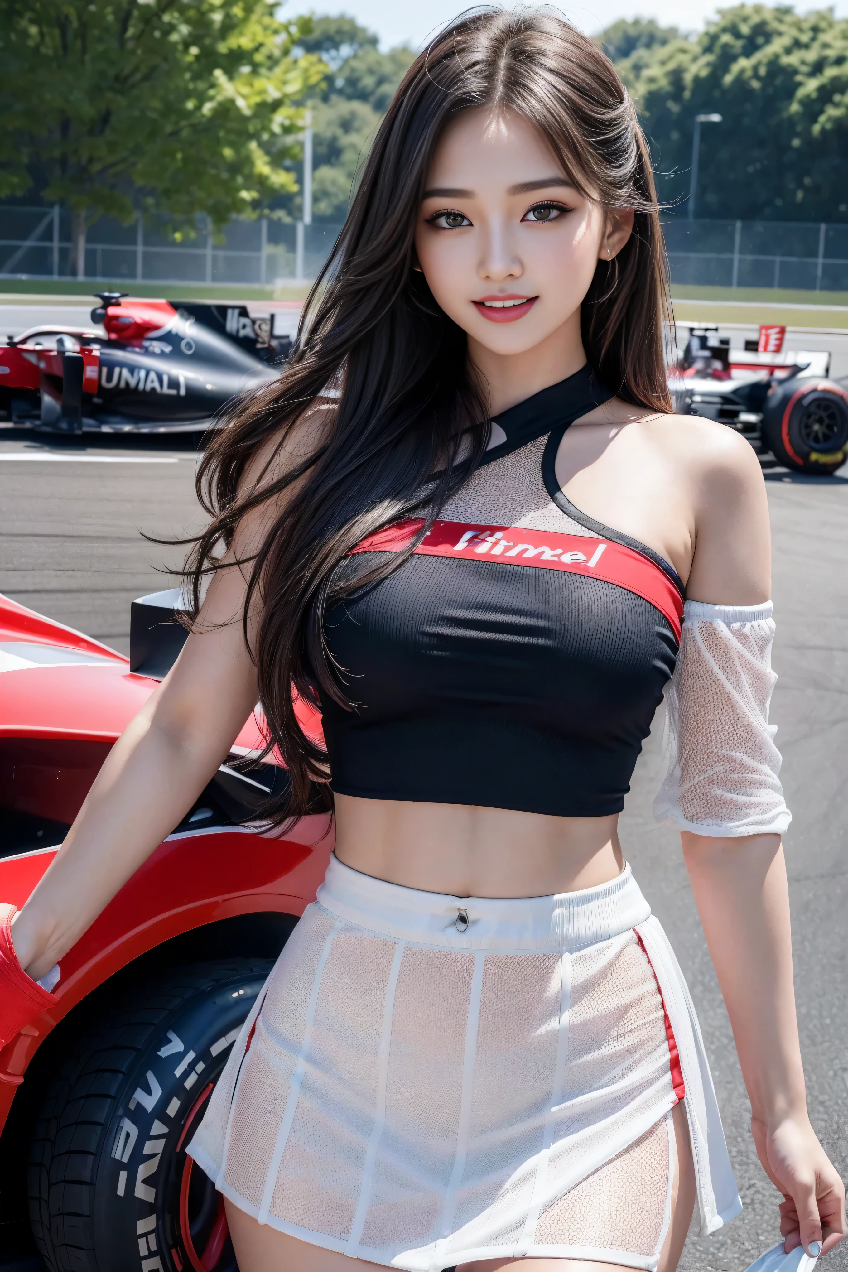 (((One shoulder mesh girls suit))),(((dynamic poses))),(((midriff peek))),(((Show lower chest ))),(((Red miniskirt lift))),(((Bare inner thighs))),(((Showcasing Formula One racing cars))),ulzzang-6500-v1.1, (original photo:1.2), (lifelike:1.4), A beautiful and delicate girl, Extremely detailed eyes and face, beautiful and delicate eyes, super detailed, high resolution, top quality, Masterpiece, Very detailed, 8k wallpaper, wonderful, Exquisite details, top quality, There is Light on the face,Light,1 girl in,(Rails),beautiful eyes,Smile,open mouth