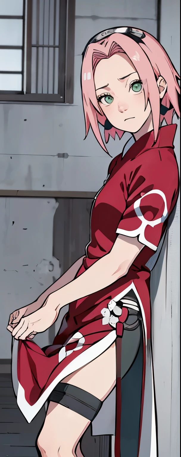 ((Best quality)), ((masterpiece)), ((details)), no background image, The image background is plain white, there is no background, perfect body, perfect face, sakura haruno, standing, looking at viewer, 1girl, solo, short hair, pink hair, green eyes, hands clenched into fists, black gloves, both hands clasped, open clothed, open wear, open the dressed, qipao dress red colour with round white mark in the middle clothes, open dress, seen underwear, black underwear, tight shortpants, transparent shortpant, seen pussy, detail, white thigh tie on right thigh, black high boot, black high knee sock, realistic, ultra high image quality, 8k, 8k wallpaper, 70mm lens camera.