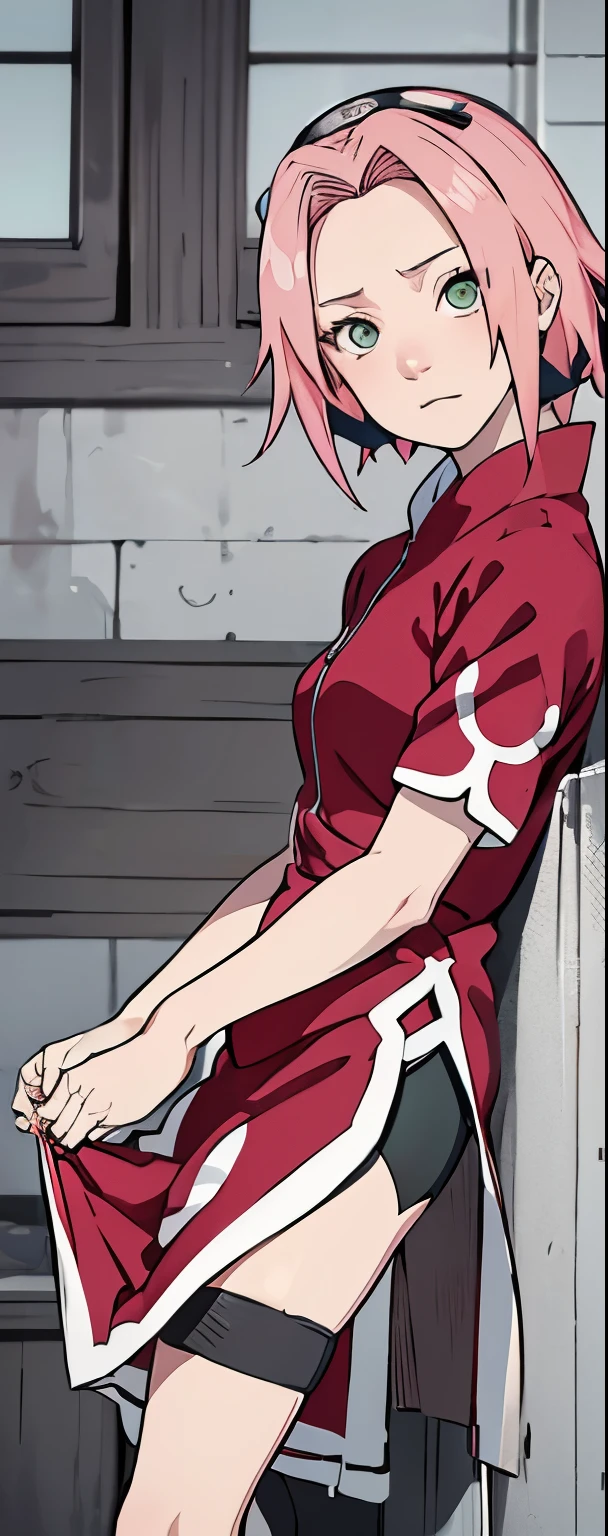 ((Best quality)), ((masterpiece)), ((details)), no background image, The image background is plain white, there is no background, perfect body, perfect face, sakura haruno, standing, looking at viewer, 1girl, solo, short hair, pink hair, green eyes, hands clenched into fists, black gloves, both hands clasped, open clothed, open wear, open the dressed, qipao dress red colour with round white mark in the middle clothes, open dress, seen underwear, black underwear, tight shortpants, transparent shortpant, seen pussy, detail, white thigh tie on right thigh, black high boot, black high knee sock, realistic, ultra high image quality, 8k, 8k wallpaper, 70mm lens camera.