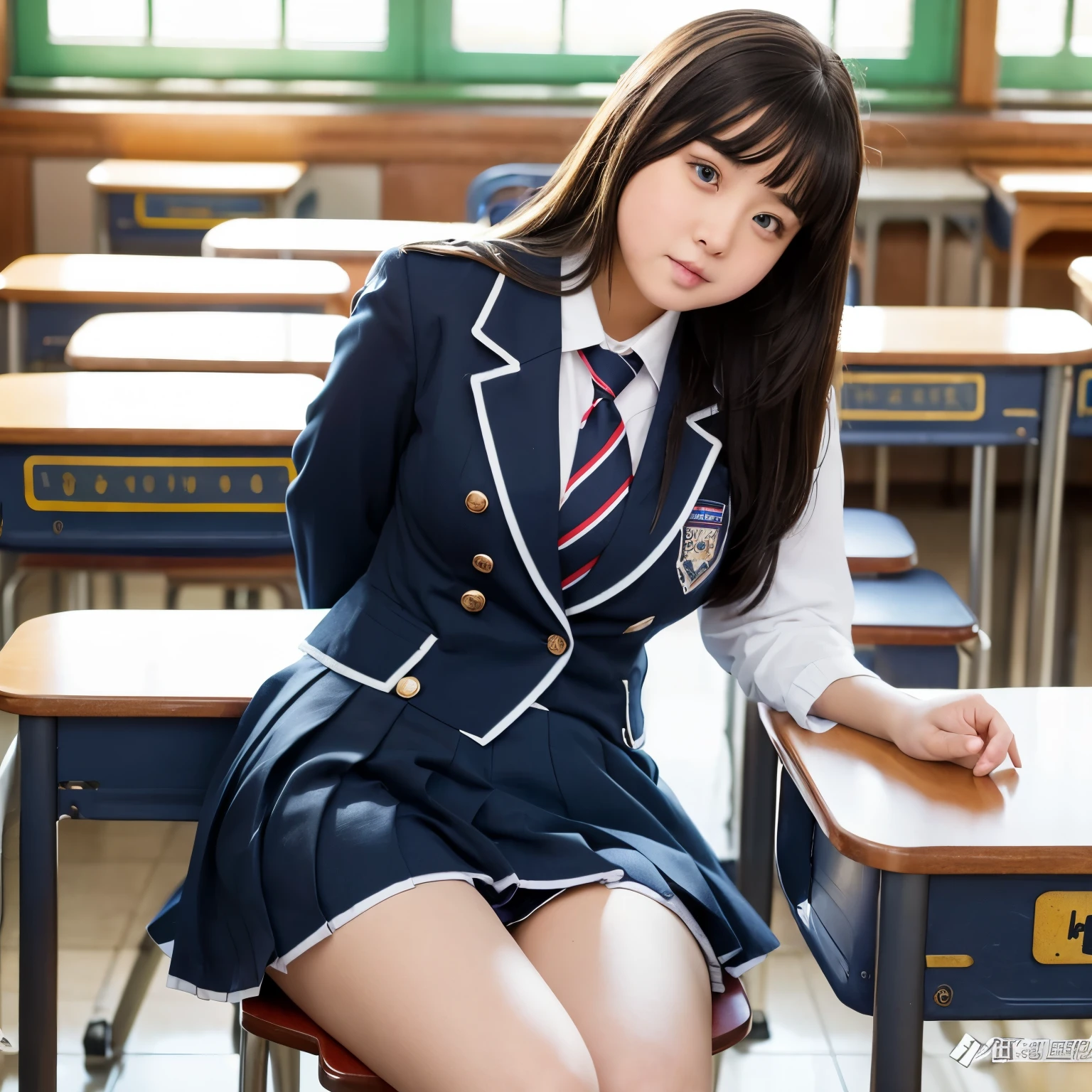 Chubby junior high school girl in uniform、She seduces me by looking at me with a naughty expression in the classroom.、her underwear is exposed、Chest bulge is visible