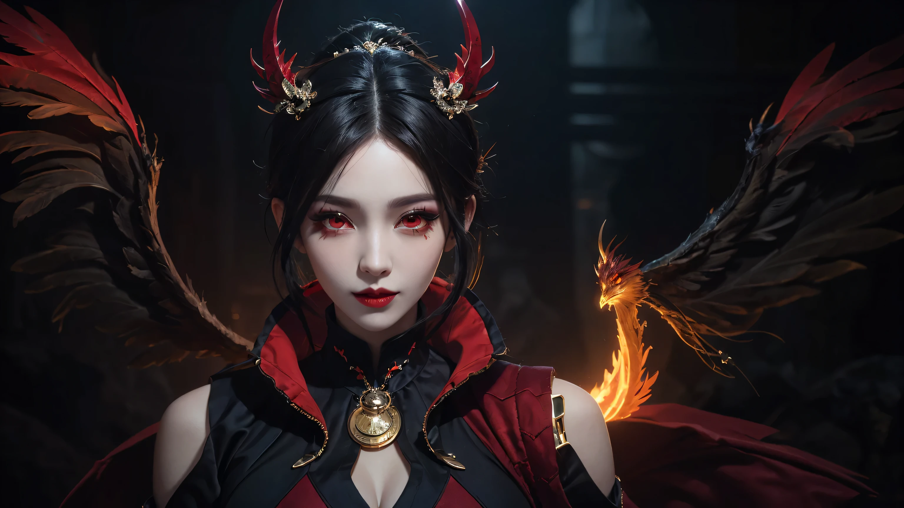 1 beautiful devil woman from hell, In the Dark: 1.6), surreal female portrait by David Hockney and Alphonse Mucha, fantasy art, korea doll, photorealism, dynamic lighting, artstation, poster, volumetric lighting, very detailed faces, 8k ultra, Awarded, in the dark, deep shadow, low key, cowboy lens, (Red phoenix dress: 1.4), long hair, black hair, bust, luxurious palace, Royal style, devil crown, red eyes make up very sharp and detailed, The most beautiful face, The breasts are very big and round and round, Super realistic, chinese women's clothing, polo neck sweater, Charming smile, The eyes are very well made up, guweiz, devil style, wearing black mesh socks, Ponytail with a bow tied at the back of the hair, Red black lips, Devil tattoo on shoulder, wearing a thin red and black robe, the landscape is overcast and thunderous, (Portrait), Close-up of the main character, (Background details 1.8),