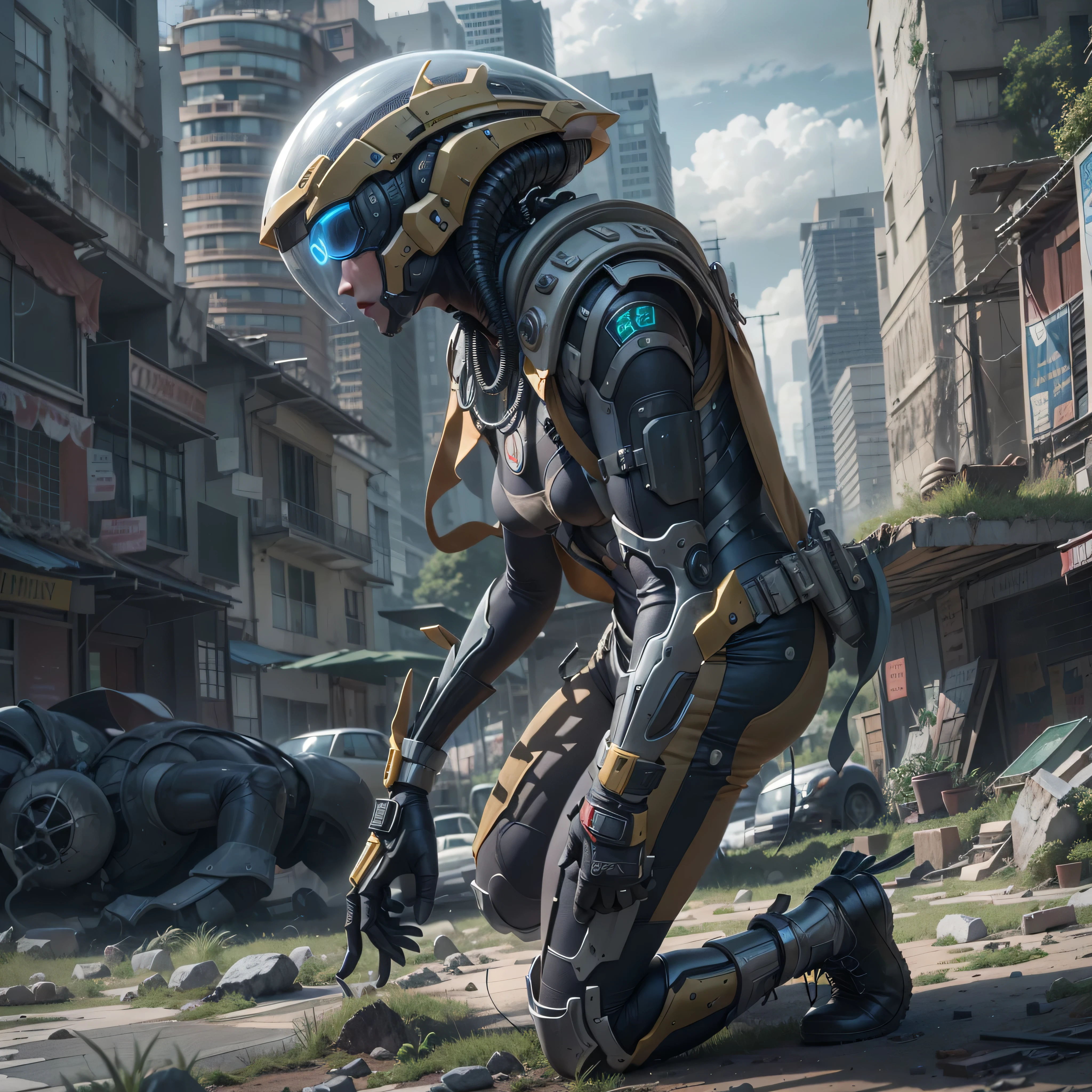 A highly technological and advanced alien soldier in an apocalyptic city