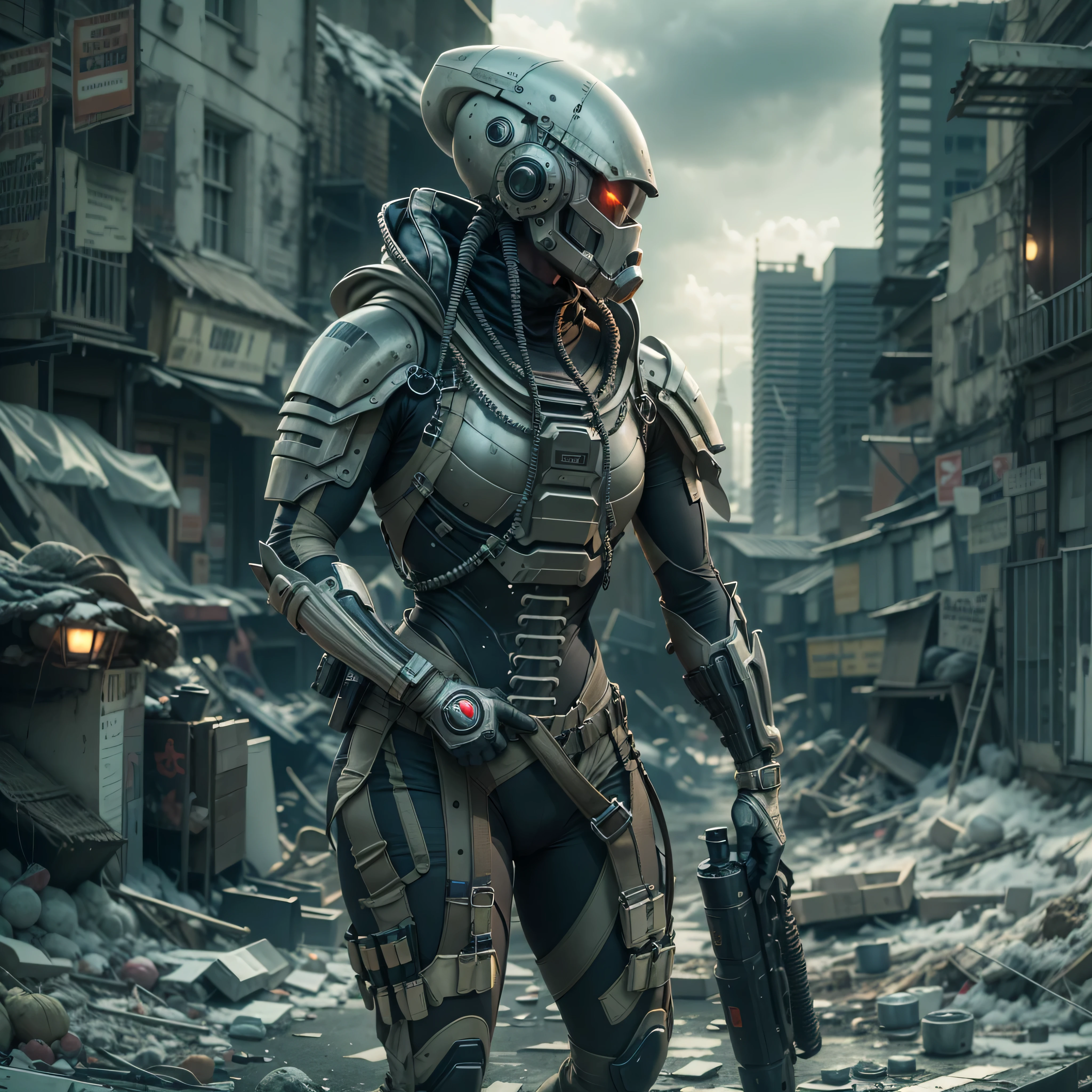 A highly technological and advanced alien soldier in an apocalyptic city