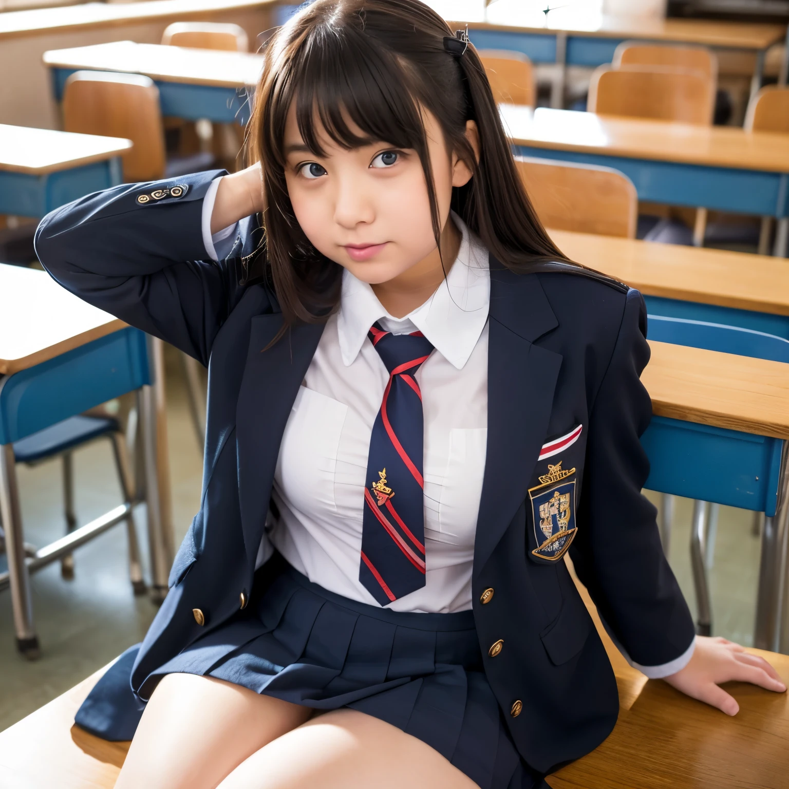 Chubby junior high school girl in uniform、She seduces me by looking at me with a naughty expression in the classroom.、her underwear is exposed、Chest bulge is visible