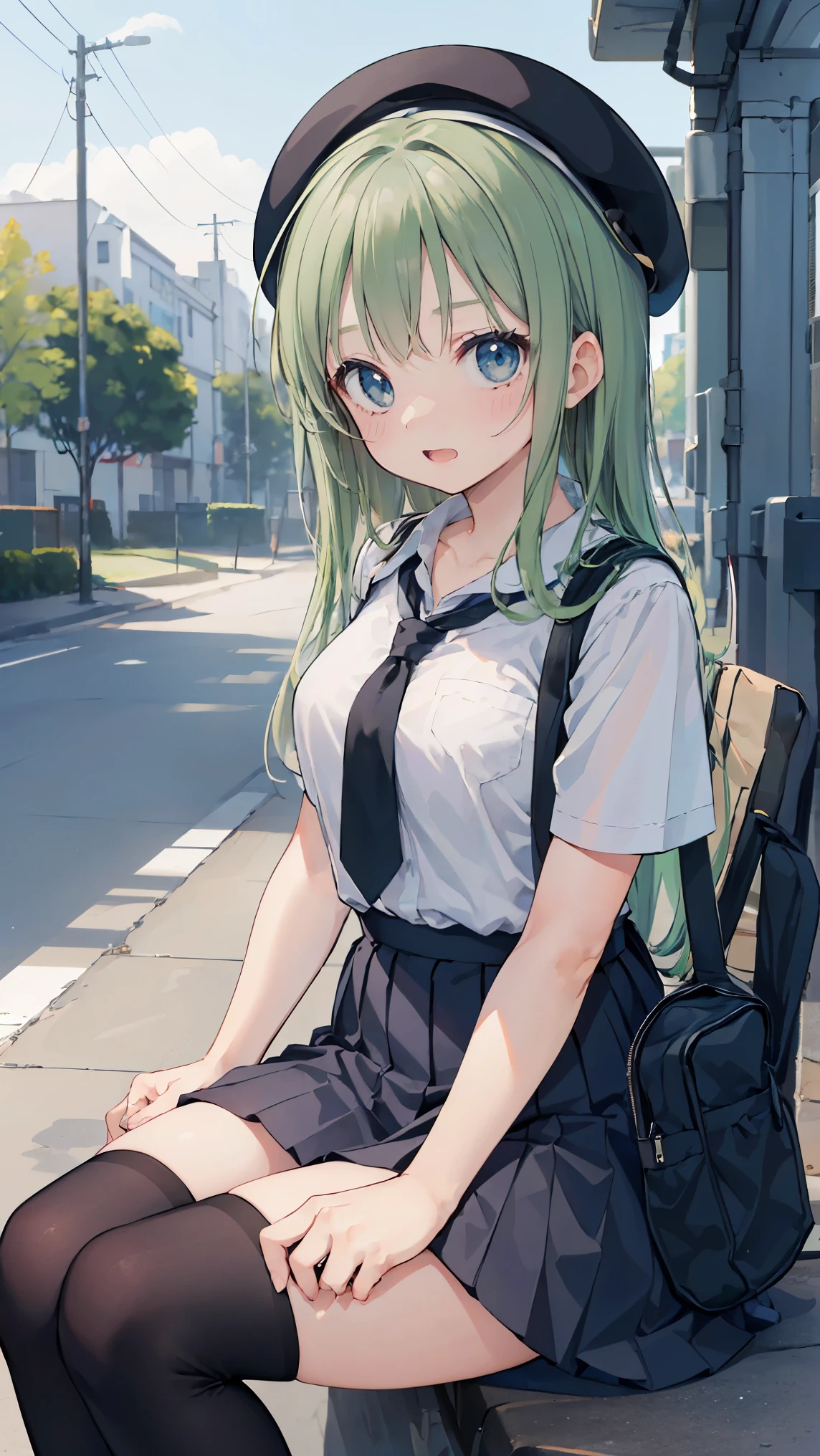 (masterpiece, highest quality), High resolution, detailed face:1.2, anime(1.2), sharpness, 4K, woman posing for a photo, Flustered face, upset, open your mouth, long hair, green hair, straight hair, fine skin, beautiful hands, Beautiful fingers, Wearing a beret, tie, Blouses with short sleeves, pleated skirt, school bag, thighs, Absolute area, knee socks, thighsに手を入れる, during the day, hot summer day, School, schoolyard, sitting on the bench, Canned juiceを持つ, natural lighting, sharp focus, hasselblad photography, cinematic lighting, whole body, Canned juice, 