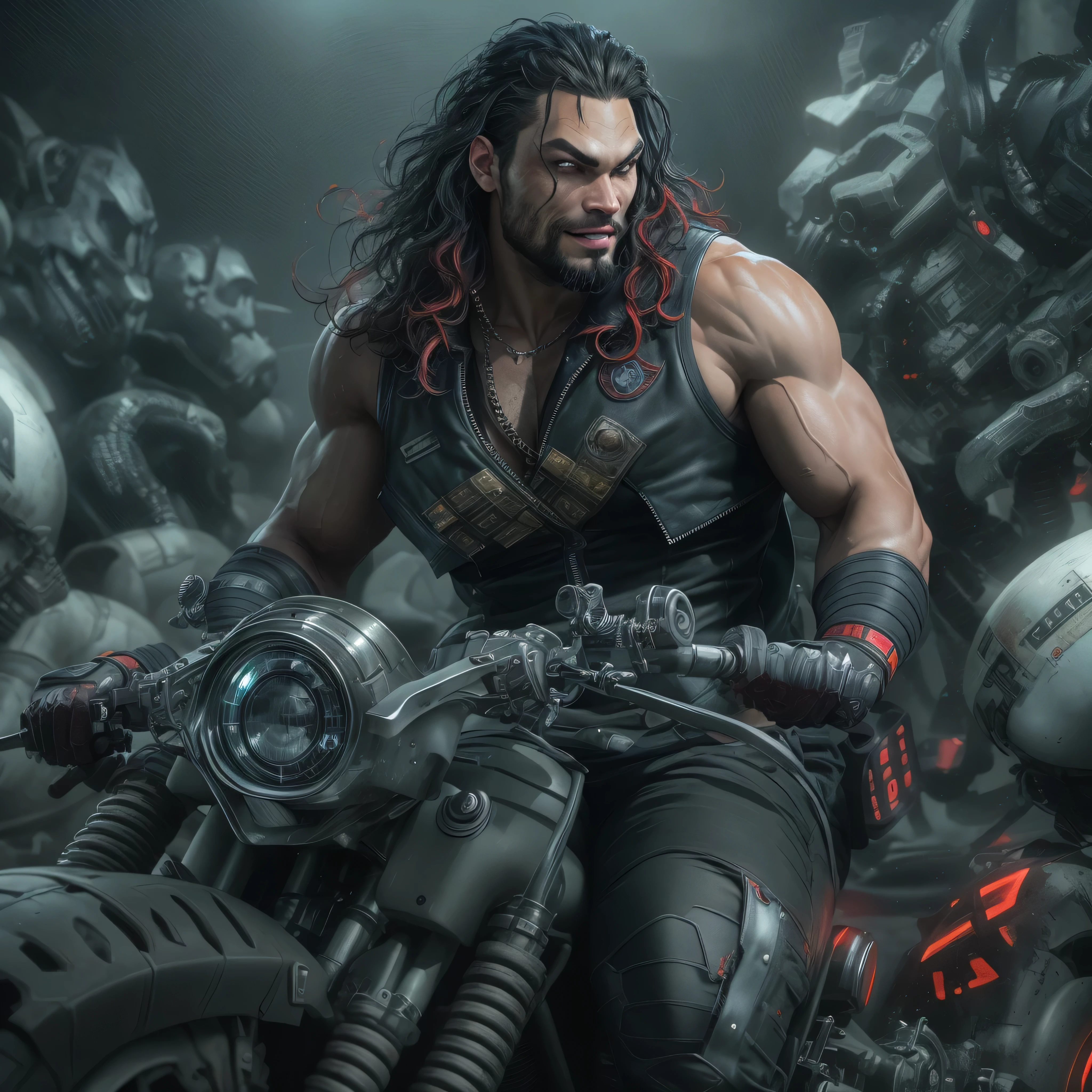 Full body image, a photo of Jason Momoa as Lobo from DC comics, Evil grin, muscular, ((((ghostly super pale skin)))), (((red eyes))), sleeveless black biker vest, riding star wars hoverbike, Intricate, High Detail, Sharp focus, dramatic, photorealistic digital art, photo-realistic, octane render, unreal engine, ultra-realistic
