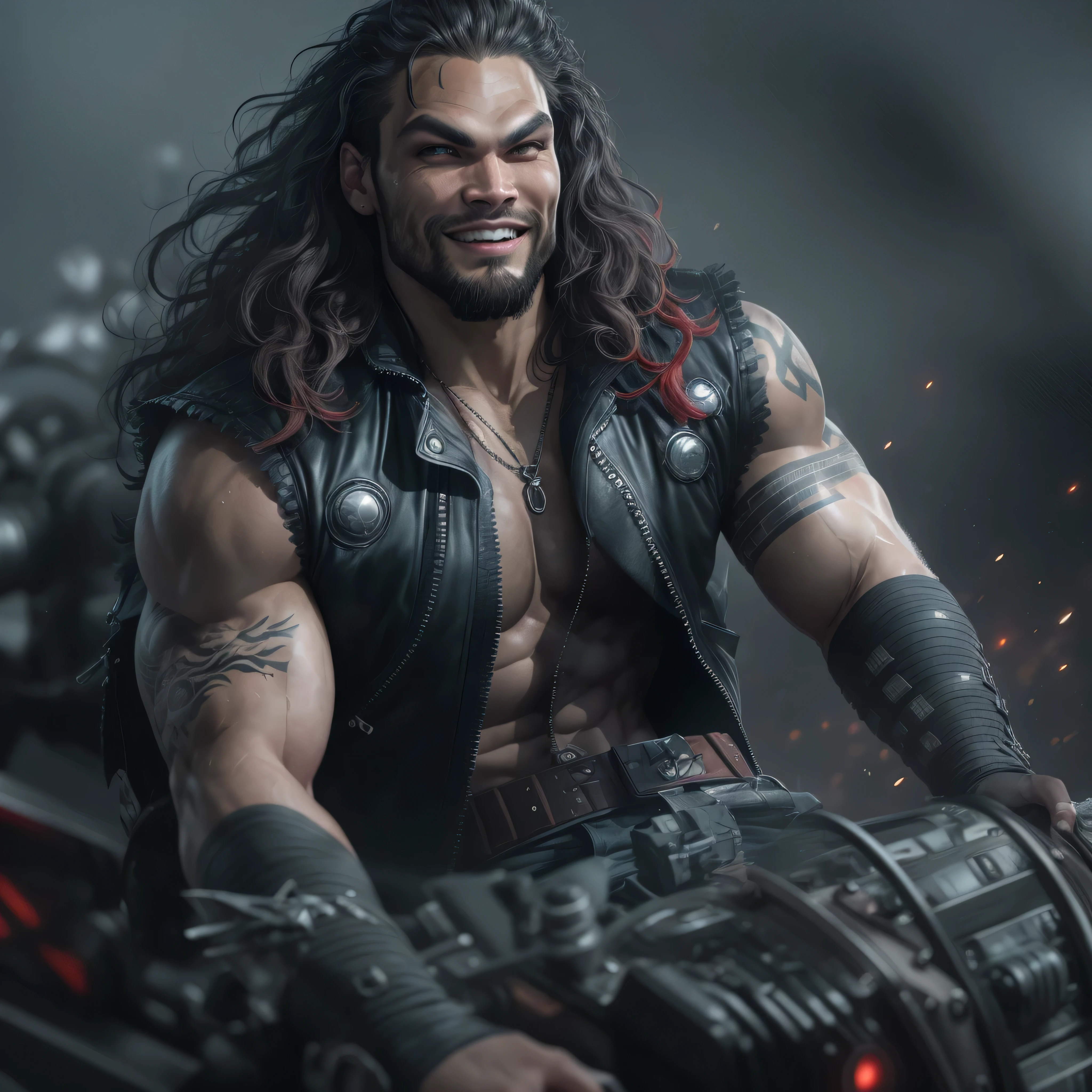 Full body image, a photo of Jason Momoa as Lobo from DC comics, Evil grin, muscular, ((((ghostly super pale skin)))), (((red eyes))), sleeveless black biker vest, riding star wars hoverbike, Intricate, High Detail, Sharp focus, dramatic, photorealistic digital art, photo-realistic, octane render, unreal engine, ultra-realistic