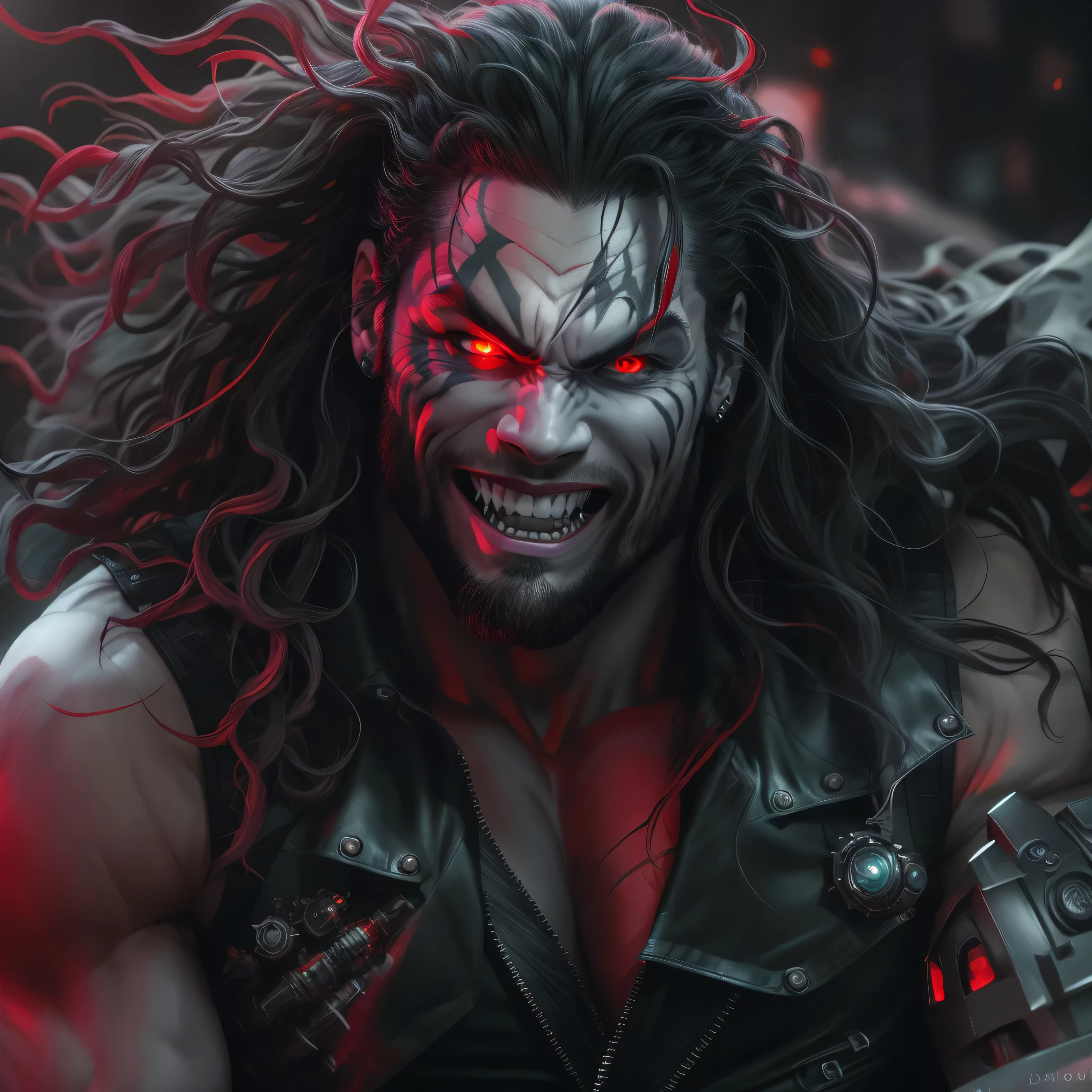 Full body image, a photo of Jason Momoa as Lobo from DC comics, Evil grin, muscular, ((((ghostly super pale skin)))), (((red eyes))), sleeveless black biker vest, riding star wars hoverbike, Intricate, High Detail, Sharp focus, dramatic, photorealistic digital art, photo-realistic, octane render, unreal engine, ultra-realistic
