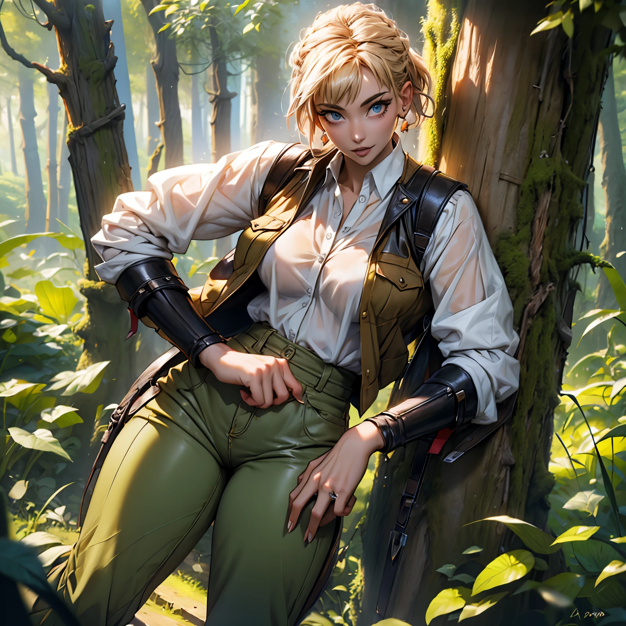 (best quality,4k,8k,highres,masterpiece:1.2),ultra-detailed, female ranger, short blond hair, spear, white shirt, green leather vest, green trousers, brown boots, A-cup, in the woods, AIKA, seethru, HDR, 8k, absurdres, cinestill 800, sharp focus, add_detail:2, (solo, woman)
