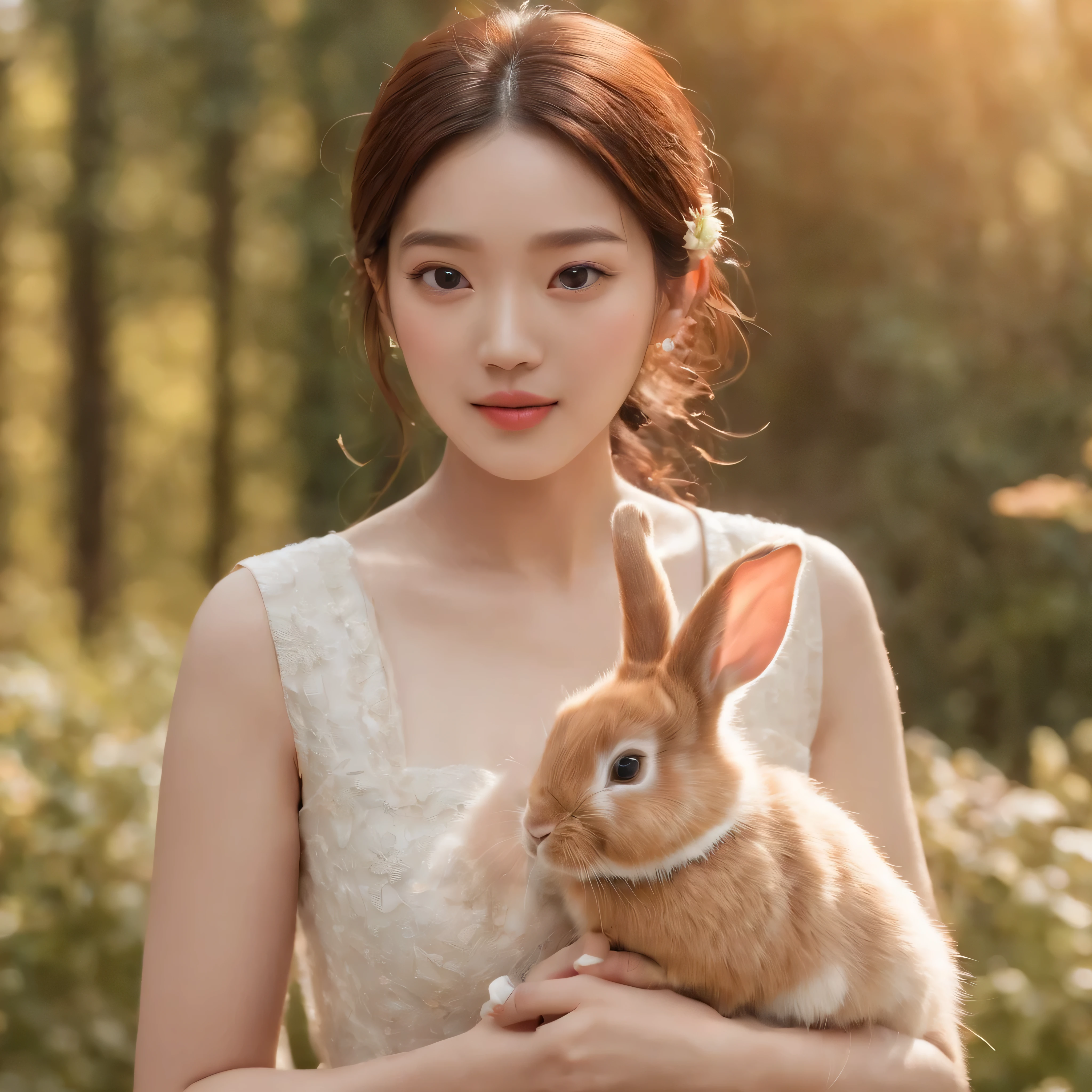 movie image quality,korean actress park shin hye from memories of alhambra kdarama with a cute rabbit, Disney animation, Disney animation style, Disney movie animation, 3D movies, Chinese style, explorer rabbit, walking through the colorful forest, with her rabbit fried, HD, children's painting, depth of fields, Light High, Real Light, Streak Traching, OC rendered, hyper-realistic, best quality, 8K, Master Works, super fine, detailed pubic hair, correct anatomy, sharp focus on eyes, bokeh, facial features are carefully described