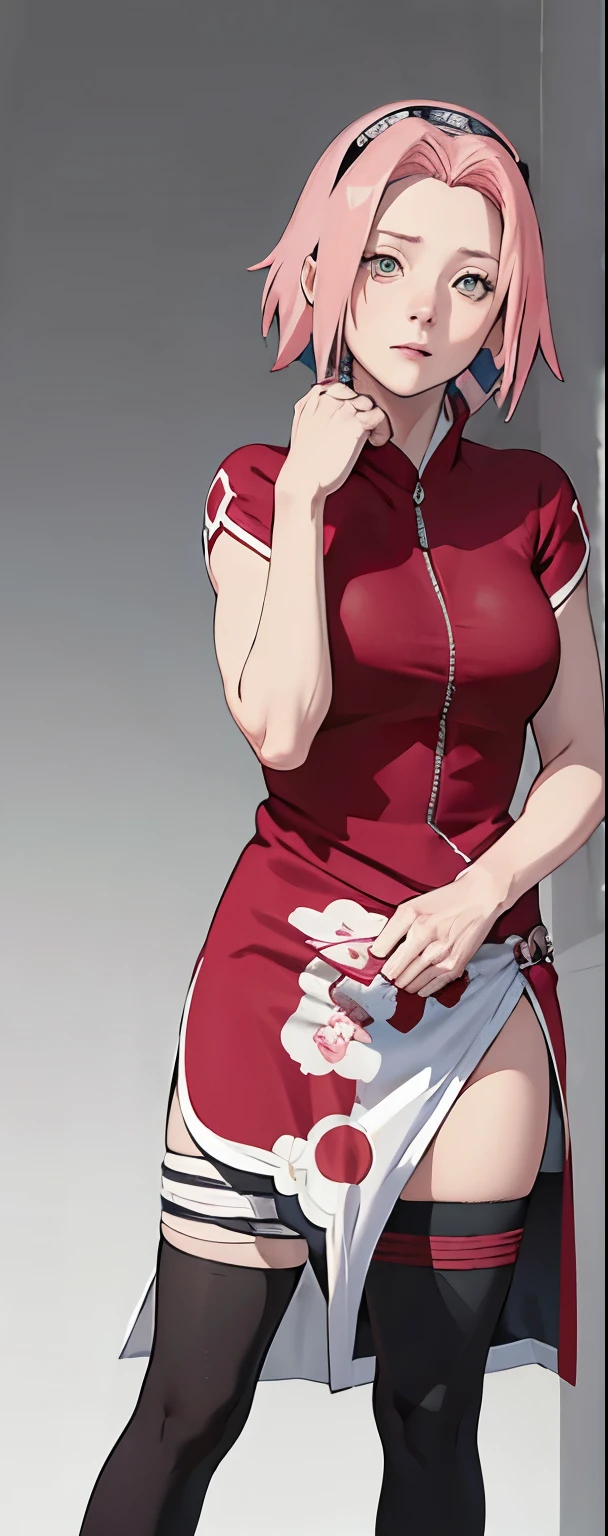 ((Best quality)), ((masterpiece)), ((details)), no background image, The image background is plain white, there is no background, perfect body, perfect face, sakura haruno, standing, looking at viewer, 1girl, solo, short hair, pink hair, green eyes, hands clenched into fists, black gloves, both hands clasped, open clothed, open wear, open the dressed, qipao dress red colour with round white mark in the middle clothes, open dress, seen underwear, black underwear, tight shortpants, transparent shortpant, seen pussy, detail, white thigh tie on right thigh, black high boot, black high knee sock, realistic, ultra high image quality, 8k, 8k wallpaper, 70mm lens camera.
