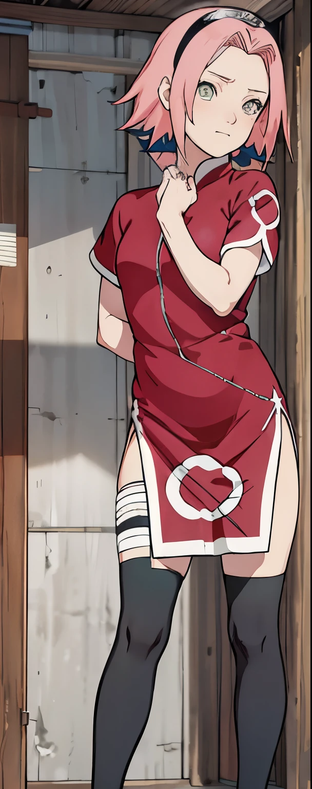((Best quality)), ((masterpiece)), ((details)), no background image, The image background is plain white, there is no background, perfect body, perfect face, sakura haruno, standing, looking at viewer, 1girl, solo, short hair, pink hair, green eyes, hands clenched into fists, black gloves, both hands clasped, open clothed, open wear, open the dressed, qipao dress red colour with round white mark in the middle clothes, open dress, seen underwear, black underwear, tight shortpants, transparent shortpant, seen pussy, detail, white thigh tie on right thigh, black high boot, black high knee sock, realistic, ultra high image quality, 8k, 8k wallpaper, 70mm lens camera.