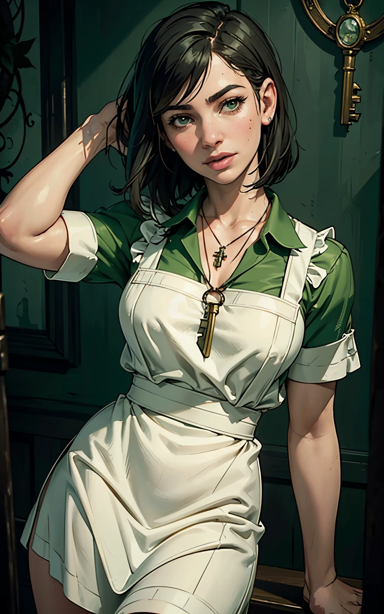 (Dua Lipa:Evangeline Lilly) waitress, ((white apron)), ((green shirt)), 1920 style, masterpiece, Lovecraft atmosphere, (pendant of a key), hyperdetailed, ((rule of thirds))