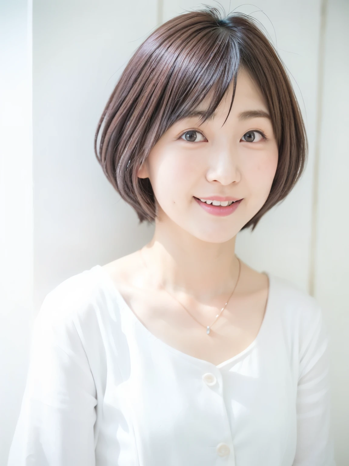 (highest quality、8K、32K、masterpiece、nffsw:1.2)、Photo of Japanese woman in her 50s、very short bobbed hair、Upper body、necklace、shot from above、Don'Don'Don'Don'don't look at the audience、(realistic、Photoreal:1.37)、1 girl、Shot in natural light、Physically based rendering、excellent image quality、High resolution、1080P、(Detailed facial description)、(Detailed explanation of hands)、(Detailed CG)、Rich details、(exquisite features)、(best image quality)、(masterpiece)、(fine eyes)、delicate clavicle、Versatile poses、profile、white wall、Taken in front of the white door、(窓のあるwhite wallの部屋)、earrings、laughter、Spring clothes、 shortcut、short hair、((white blouse))