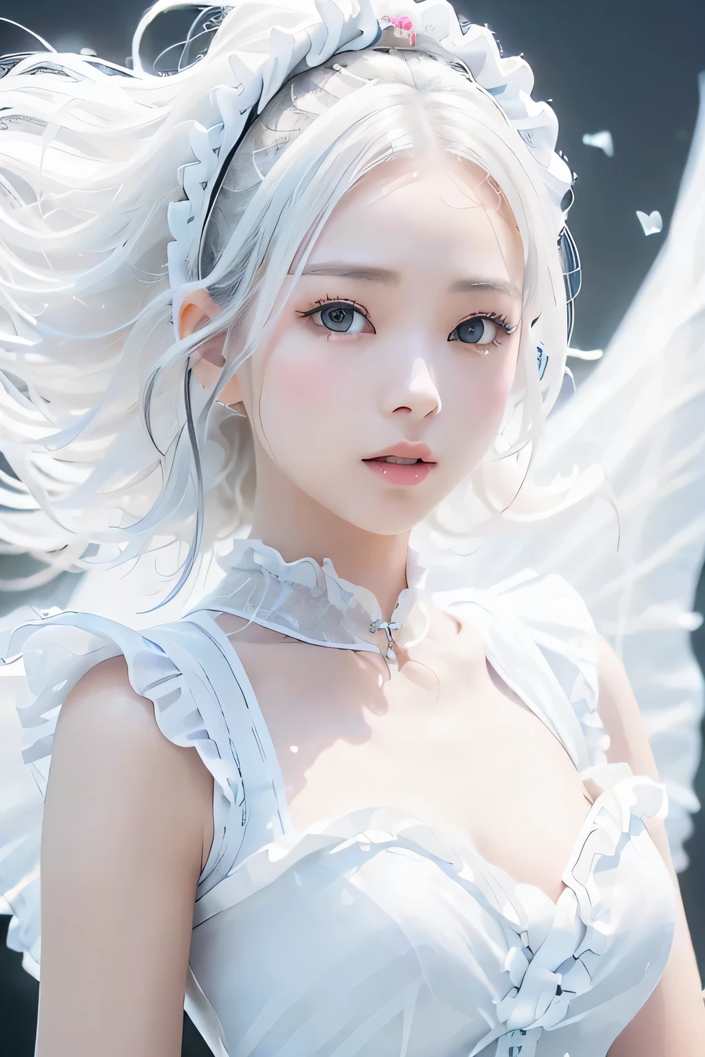 8K, portrait, portrait, masterpiece, highest quality、(Close-up of a headshot:1.5) 、With a round face、slim、flat body、cute、、、(pure white dress with frills:1.5)、(pure white hair fluttering in the wind:1.5)、(jet-black background:1.5), simple background, ((1 girl))、、、(specialized in white collar:1.5)、Backlight、cast a shadow、glitter effect