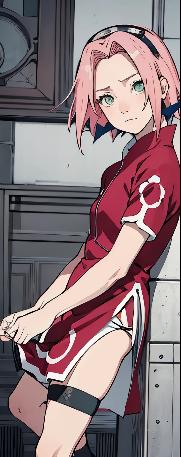 ((Best quality)), ((masterpiece)), ((details)), no background image, The image background is plain white, there is no background, perfect body, perfect face, sakura haruno, standing, looking at viewer, 1girl, solo, short hair, pink hair, green eyes, hands clenched into fists, black gloves, both hands clasped, open clothed, open wear, open the dressed, qipao dress red colour with round white mark in the middle clothes, open dress, seen underwear, black underwear, tight shortpants, transparent shortpant, seen pussy, detail, white thigh tie on right thigh, black high boot, black high knee sock, realistic, ultra high image quality, 8k, 8k wallpaper, 70mm lens camera.