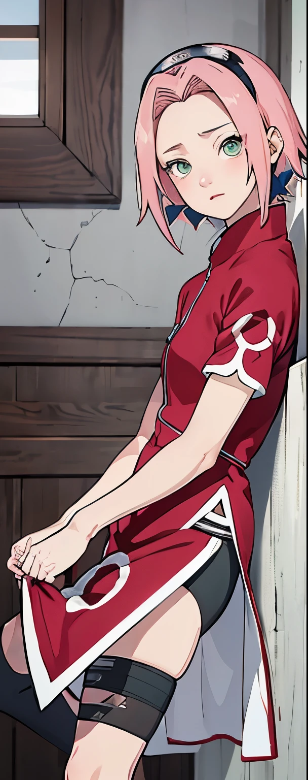 ((Best quality)), ((masterpiece)), ((details)), no background image, The image background is plain white, there is no background, perfect body, perfect face, sakura haruno, standing, looking at viewer, 1girl, solo, short hair, pink hair, green eyes, hands clenched into fists, black gloves, both hands clasped, open clothed, open wear, open the dressed, qipao dress red colour with round white mark in the middle clothes, open dress, seen underwear, black underwear, tight shortpants, transparent shortpant, seen pussy, detail, white thigh tie on right thigh, black high boot, black high knee sock, realistic, ultra high image quality, 8k, 8k wallpaper, 70mm lens camera.