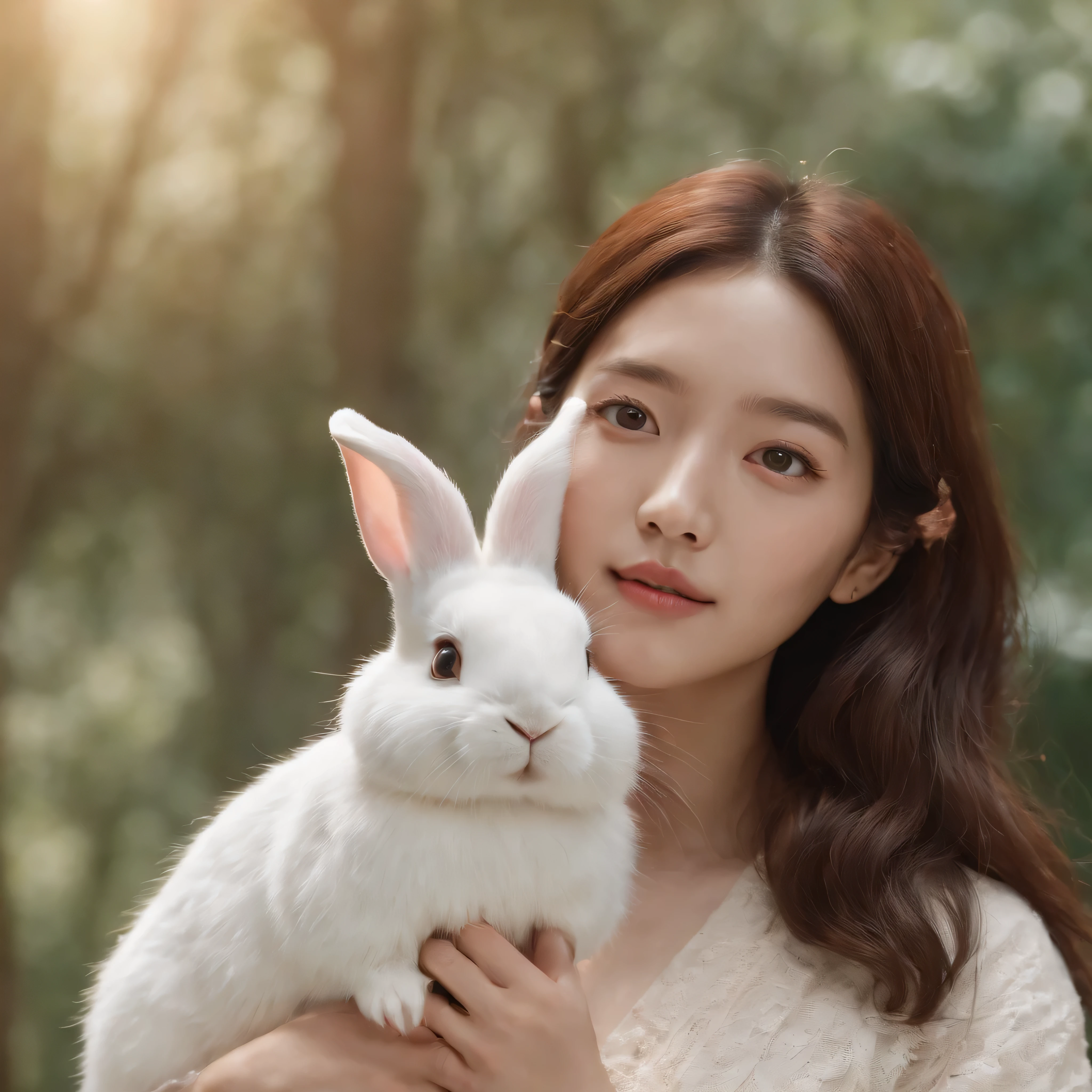 movie image quality,korean actress park shin hye from memories of alhambra kdarama with a cute rabbit, Disney animation, Disney animation style, Disney movie animation, 3D movies, Chinese style, explorer rabbit, walking through the colorful forest, with her rabbit fried, HD, children's painting, depth of fields, Light High, Real Light, Streak Traching, OC rendered, hyper-realistic, best quality, 8K, Master Works, super fine, detailed pubic hair, correct anatomy, sharp focus on eyes, bokeh, facial features are carefully described